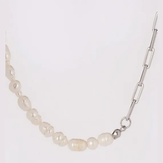 Natural pearl chain bracelet, necklace set - silver