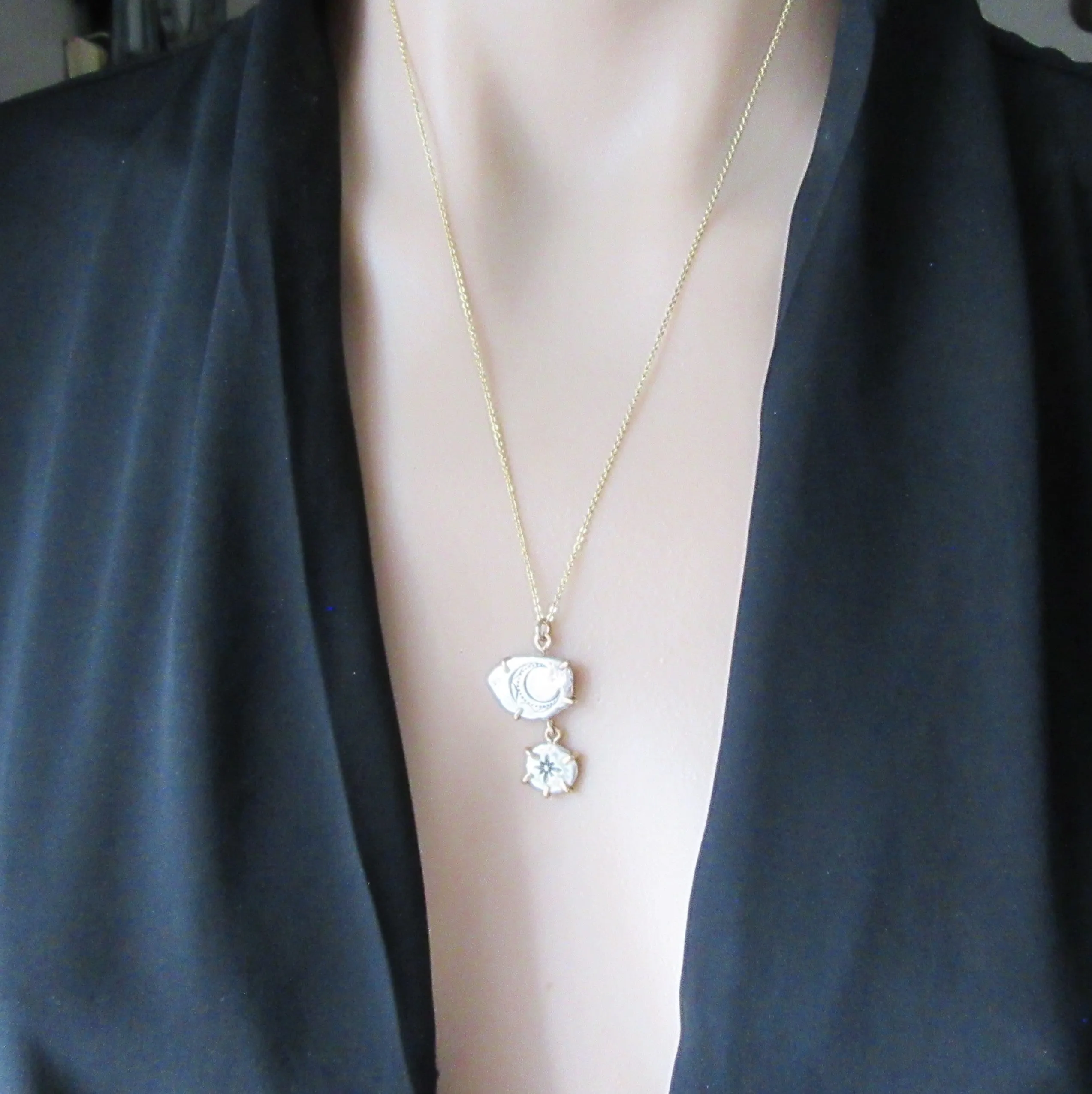 Nugget Necklace Crescent Moon & Star Mixed Metals