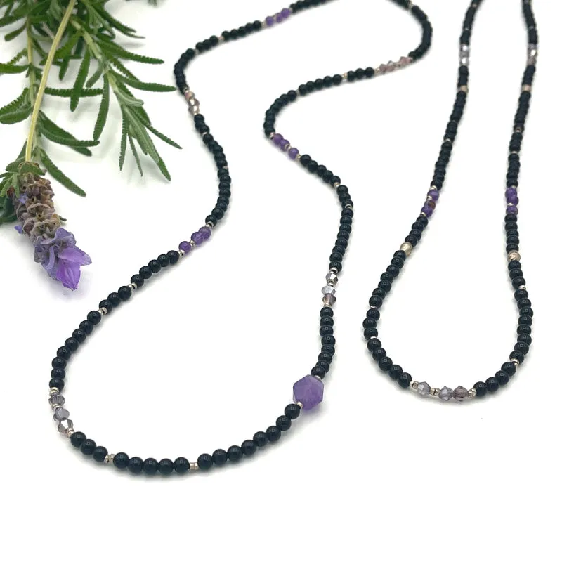 Onyx and Amethyst Necklace Mid Length