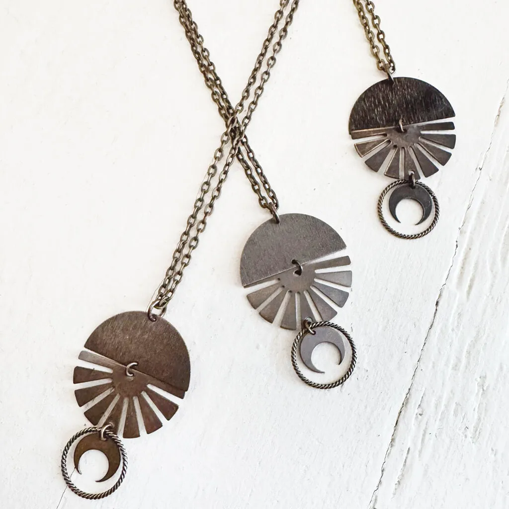 orbis // patina aged darkened sun, moon, sphere & crescent moon necklace