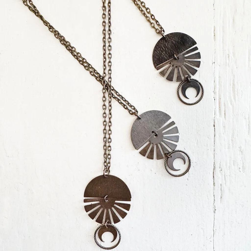 orbis // patina aged darkened sun, moon, sphere & crescent moon necklace