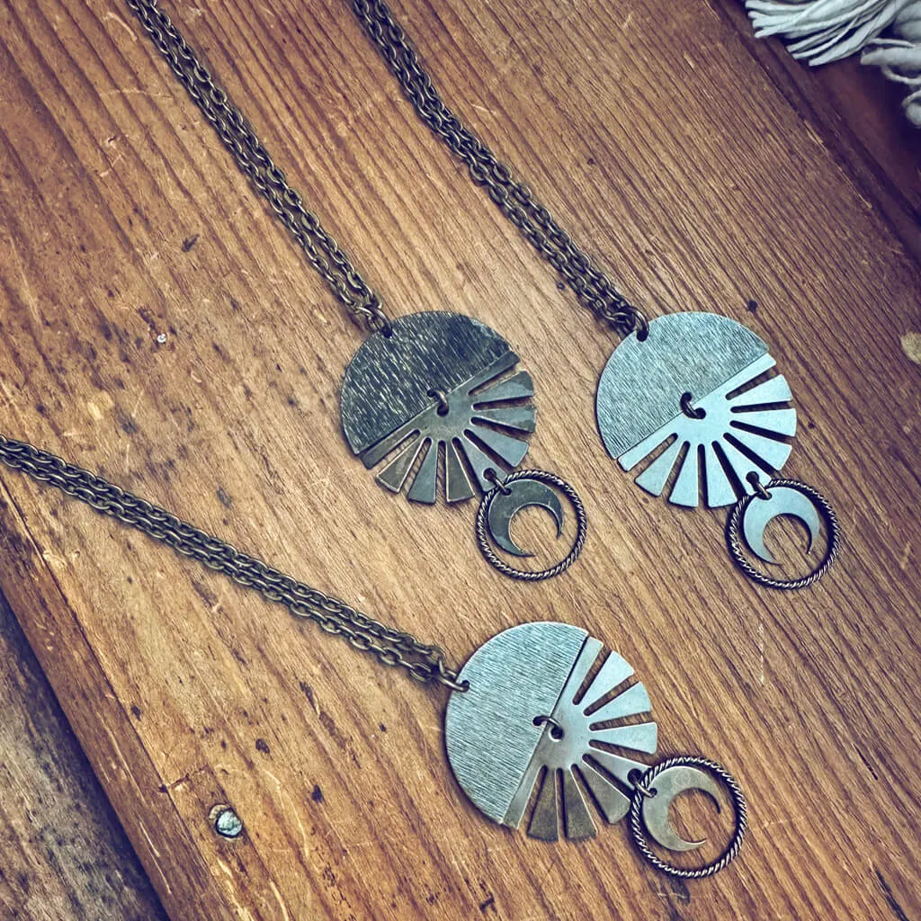 orbis // patina aged darkened sun, moon, sphere & crescent moon necklace