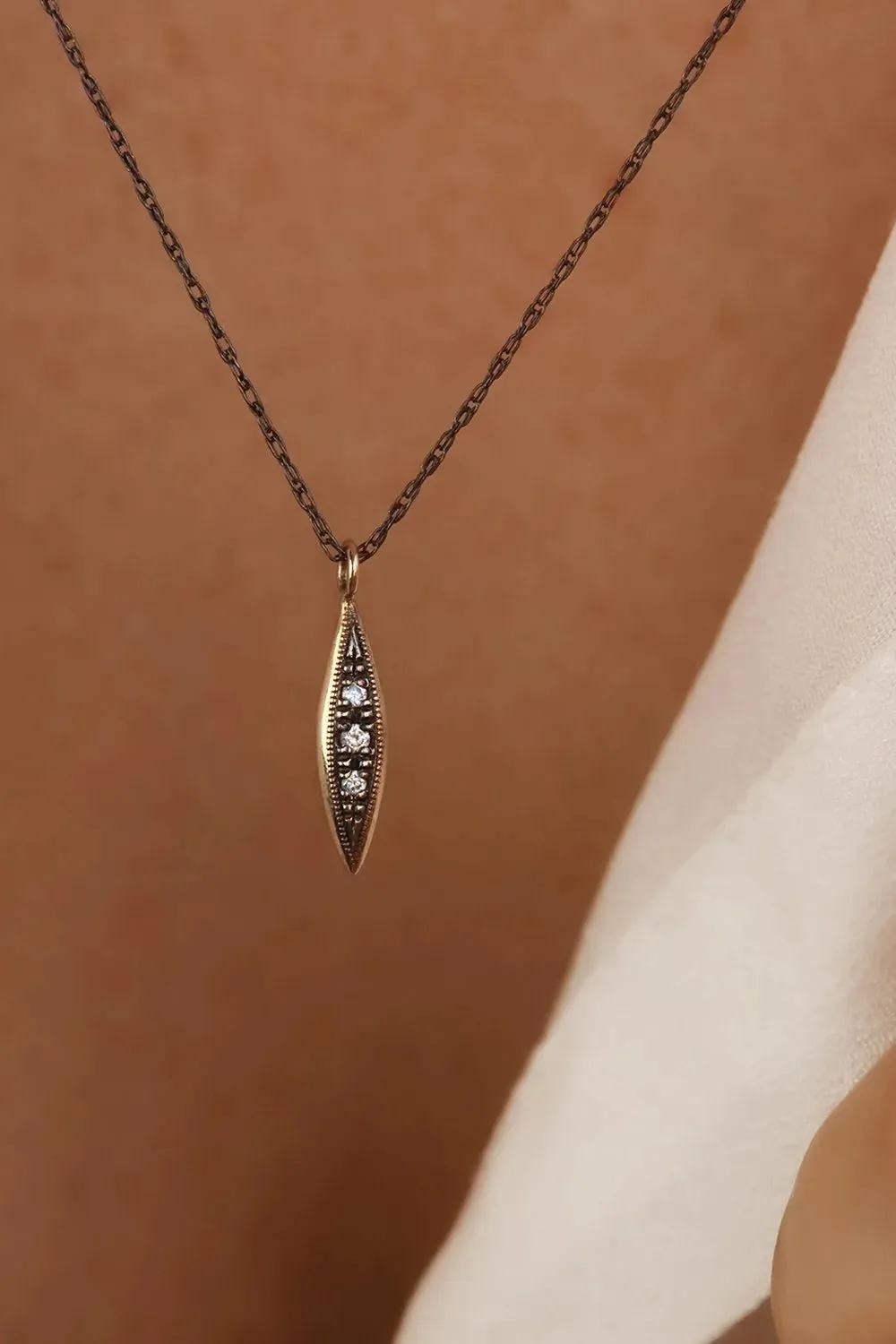 Oxidized Solid Gold Modern Triple Diamond Peak Necklace