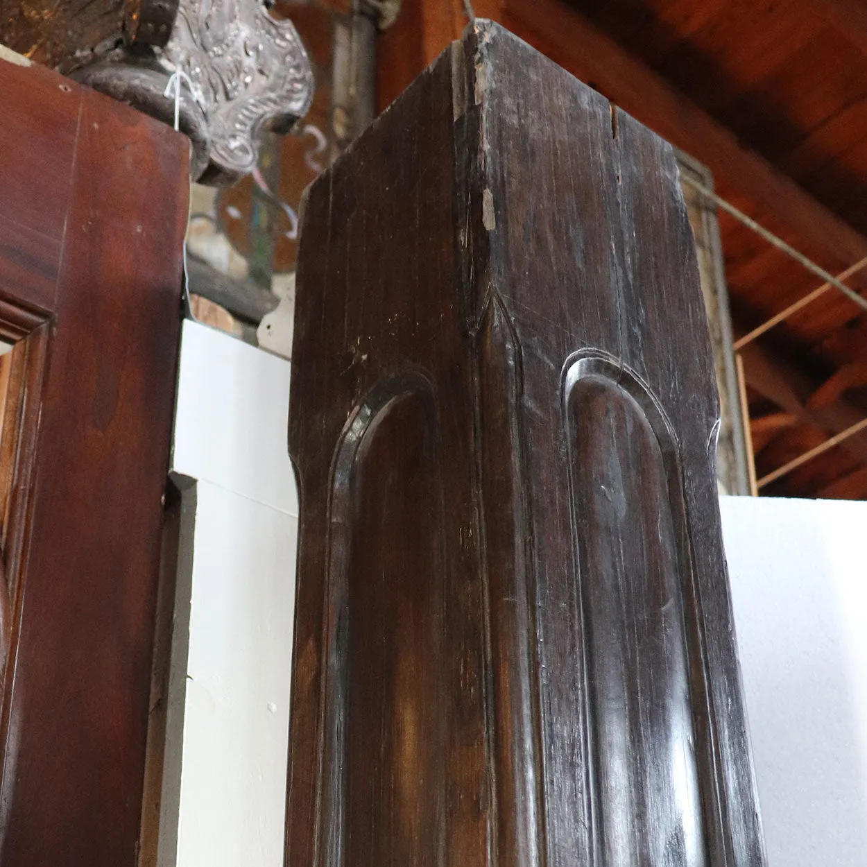 Pair Large Indo-Portuguese Ironwood and Marble Square Architectural Columns