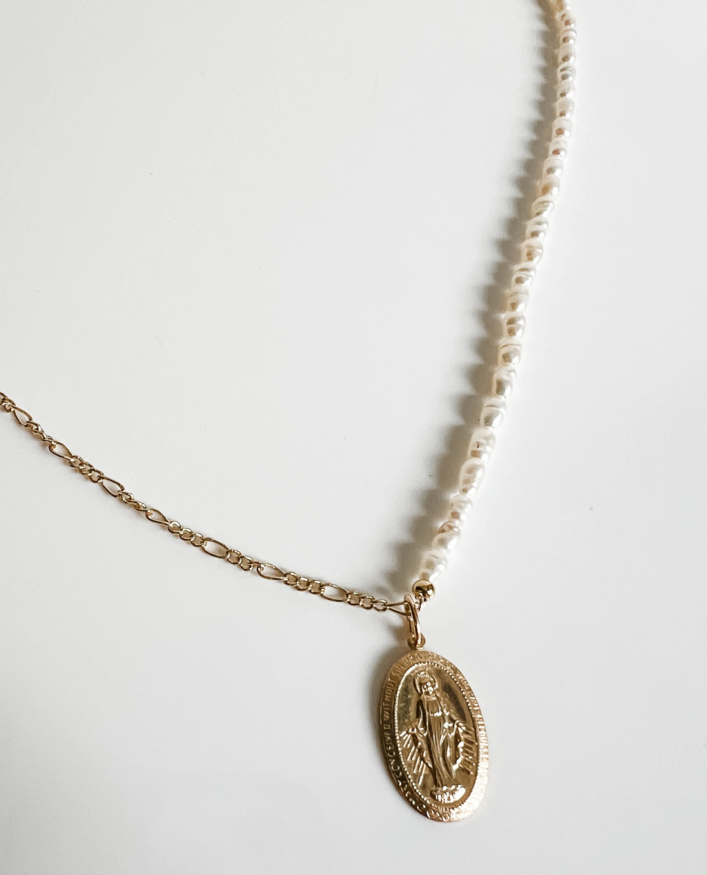 Pearl and Figaro chain Mary necklace