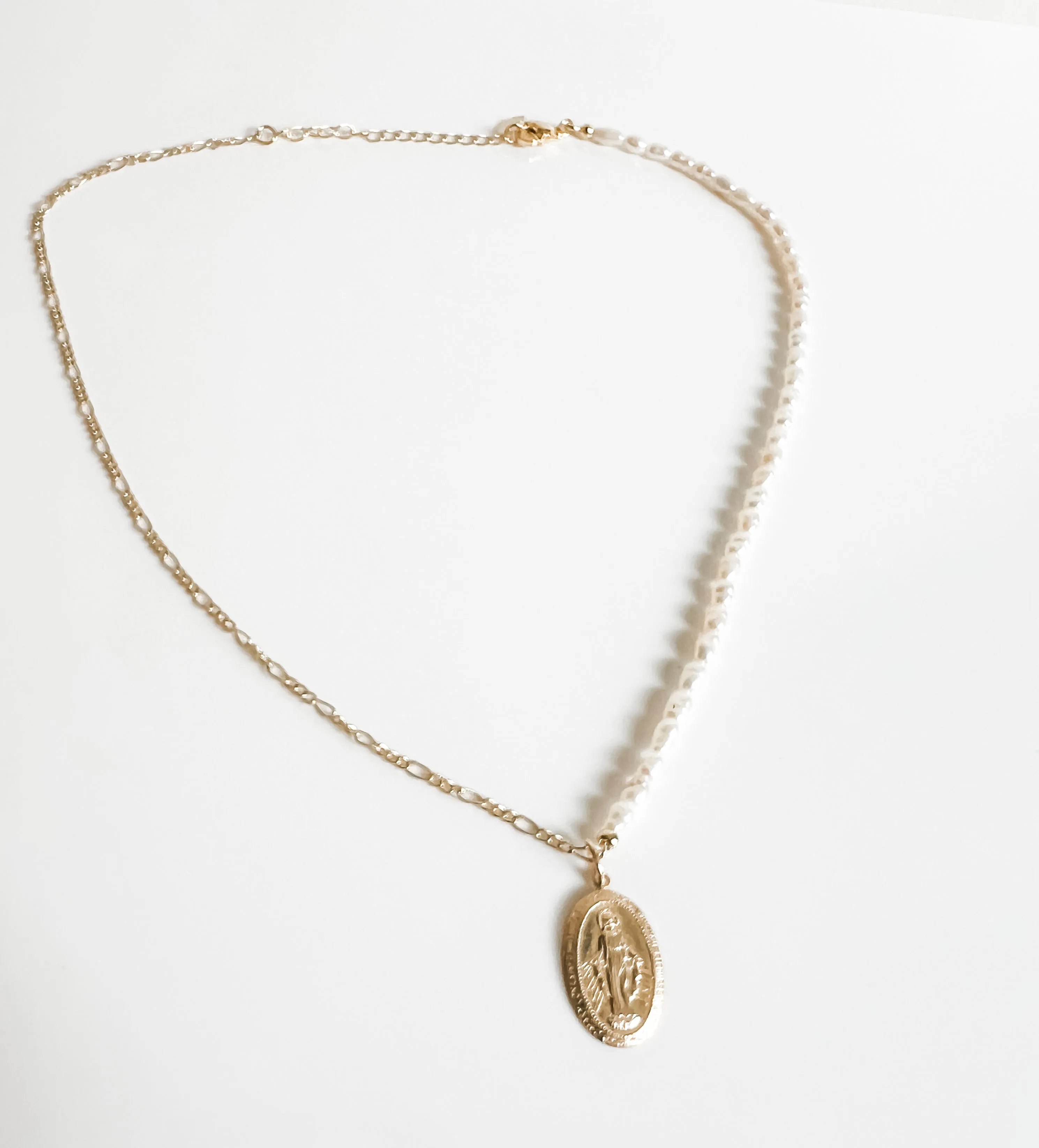 Pearl and Figaro chain Mary necklace