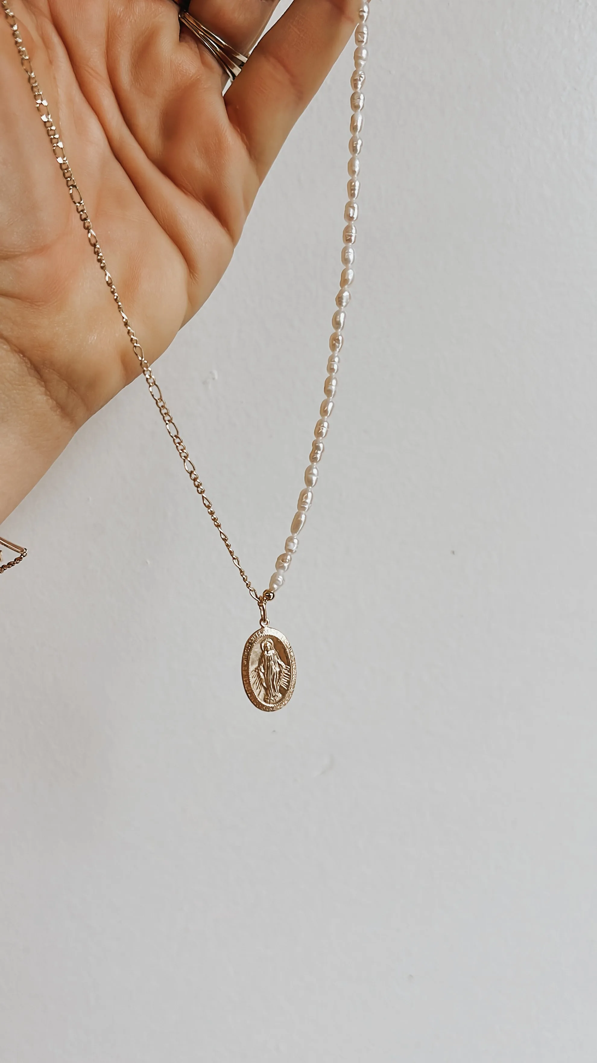 Pearl and Figaro chain Mary necklace