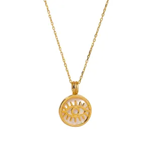 Pearl and Gold Round Evil Eye Pendant Talisman Necklace