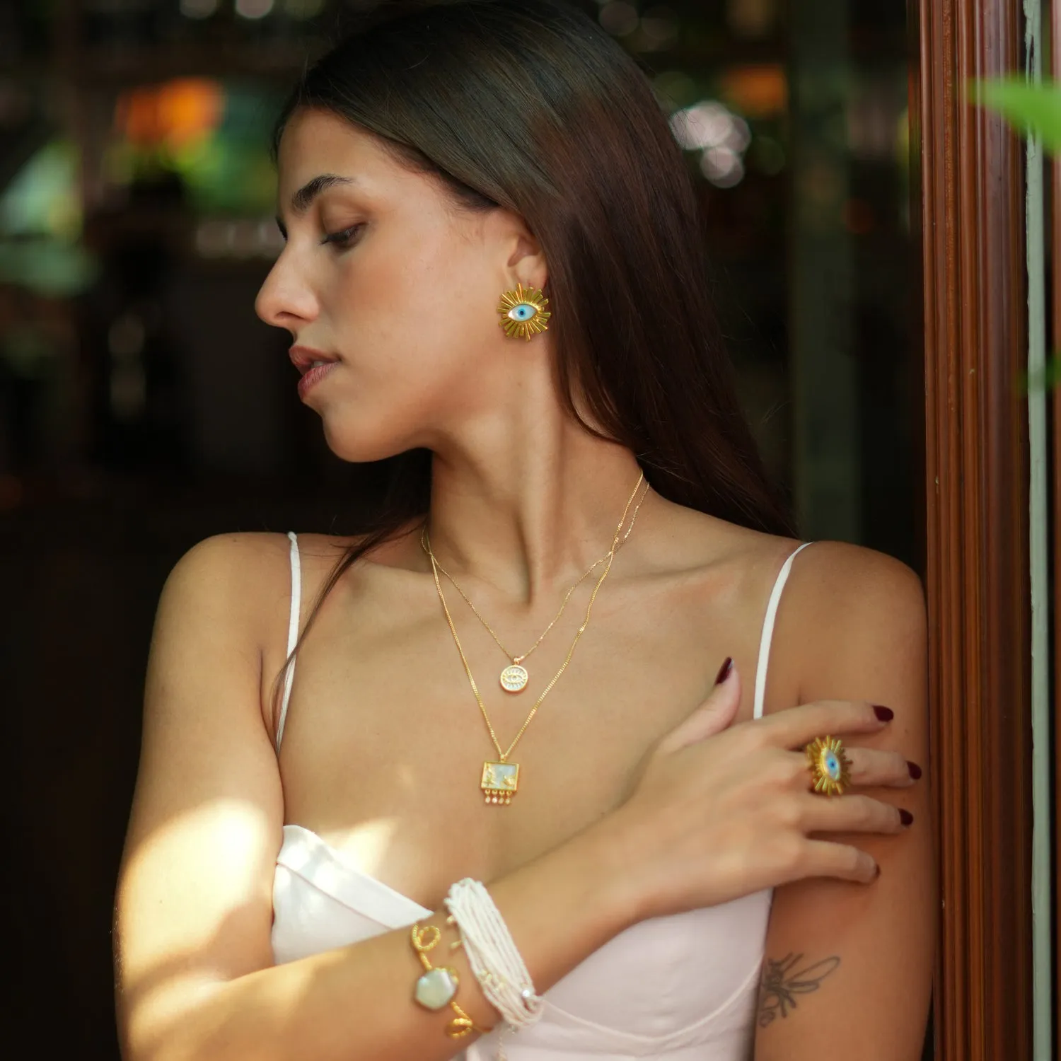 Pearl and Gold Round Evil Eye Pendant Talisman Necklace