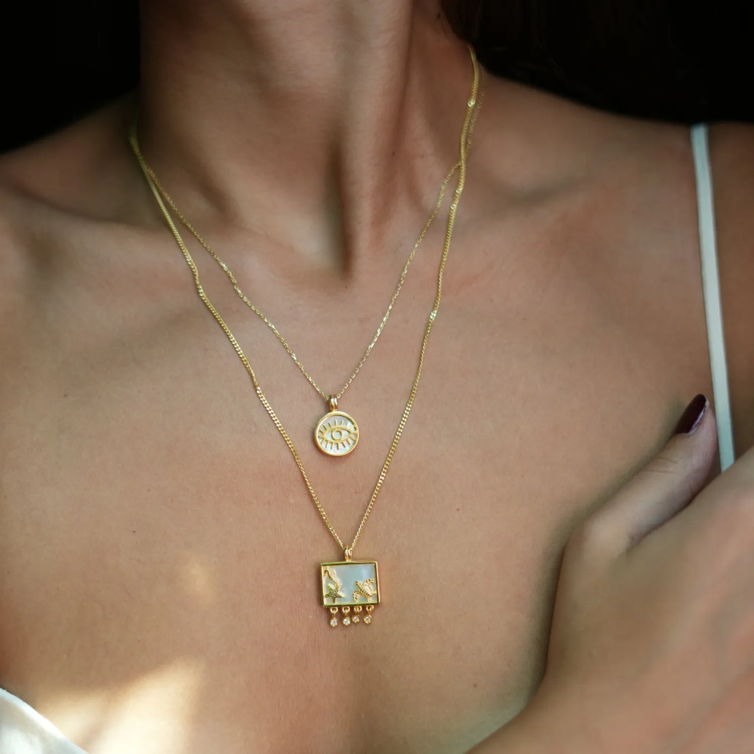 Pearl and Gold Round Evil Eye Pendant Talisman Necklace