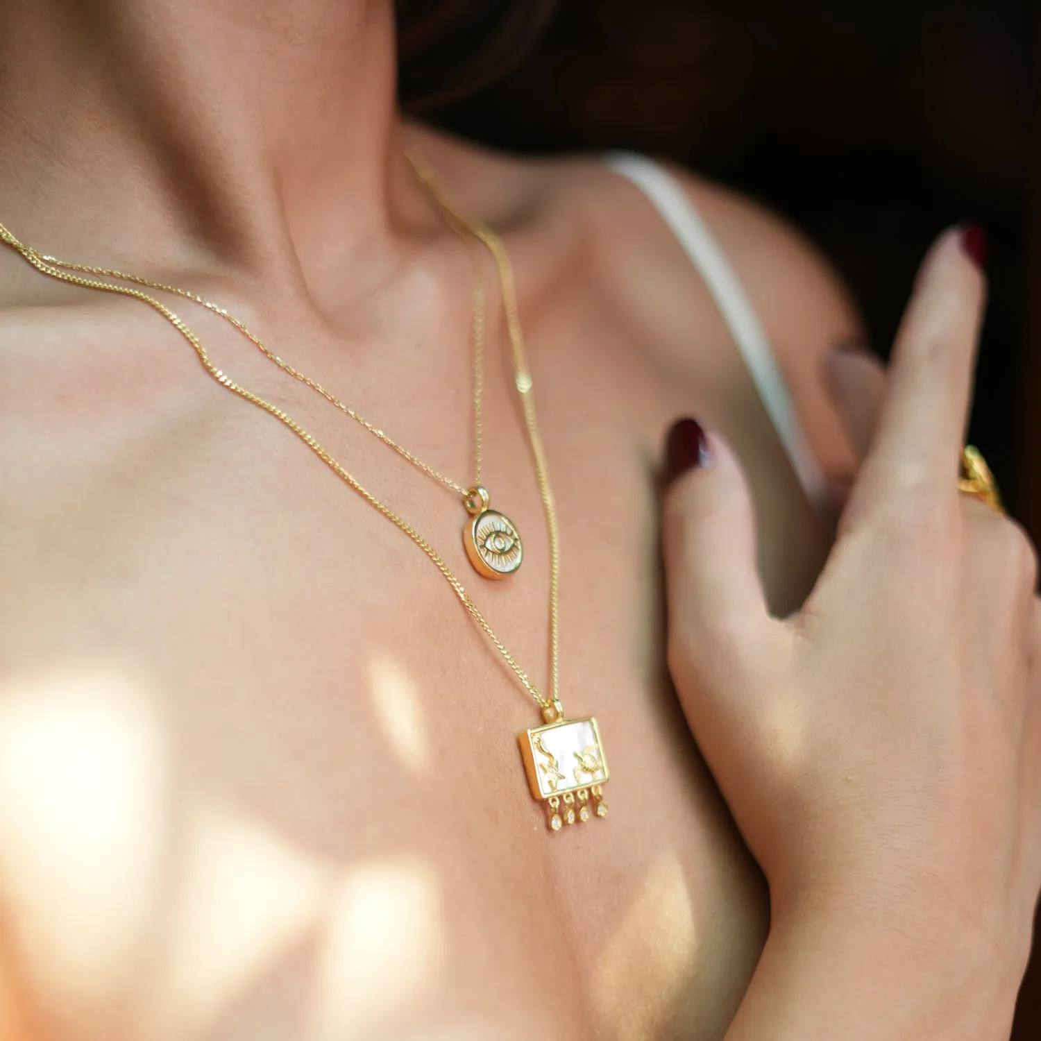 Pearl and Gold Round Evil Eye Pendant Talisman Necklace