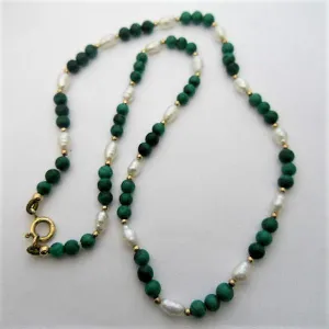 PEARL AND MALACHITE NECKLACE 4 MM 16"
