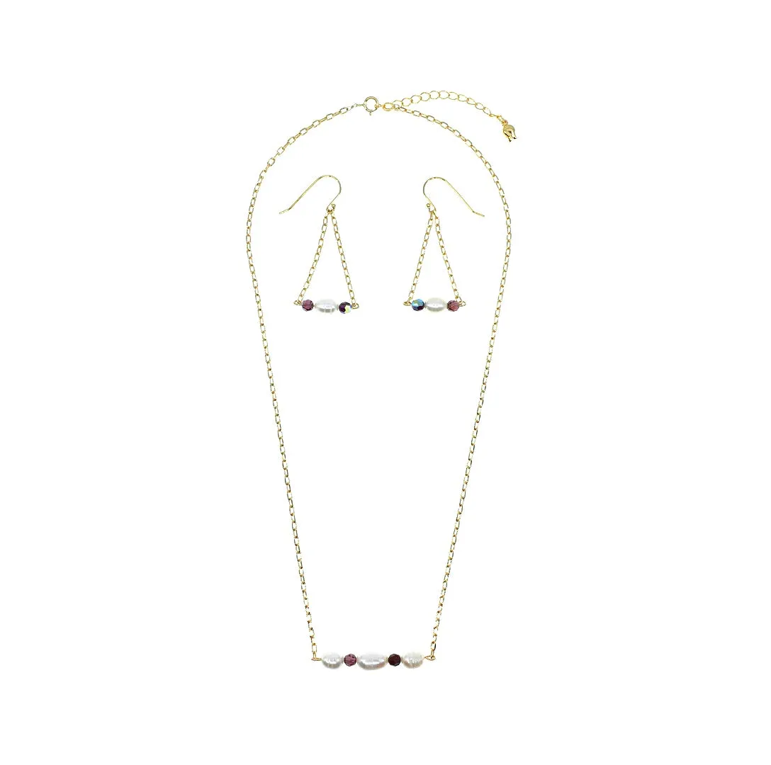 Pearl Cluster Necklace and Earrings Set (Purple)