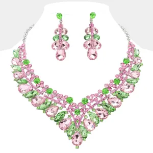 Pink & Green Teardrop Marquise and Round Stone Evening Necklace Set   | Crystal Statement Necklace Set |  645278