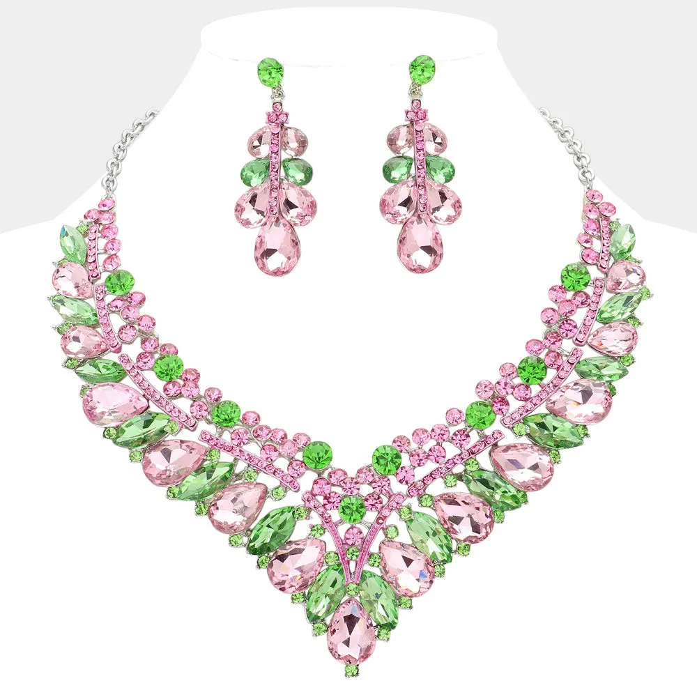 Pink & Green Teardrop Marquise and Round Stone Evening Necklace Set   | Crystal Statement Necklace Set |  645278