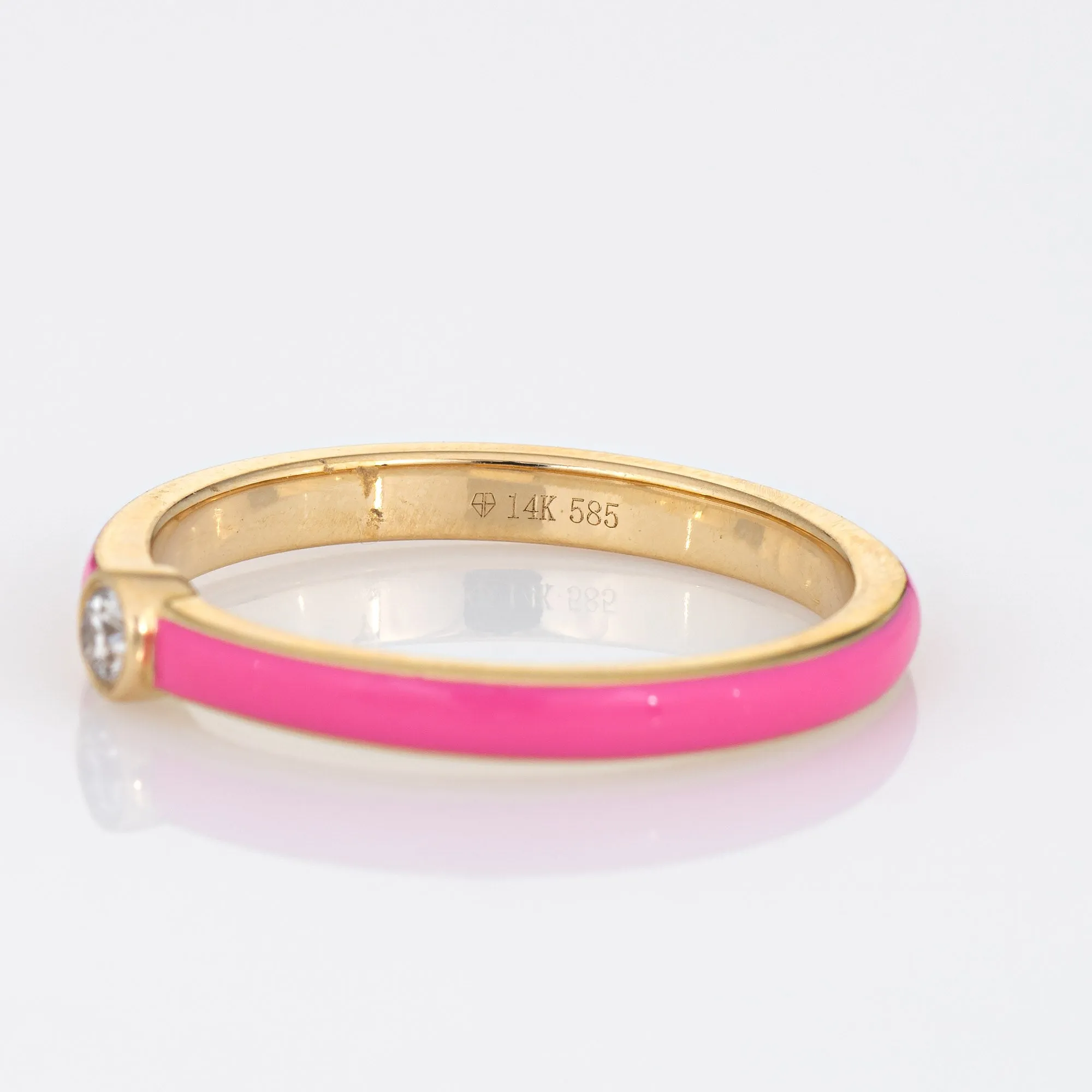 Pink Enamel Diamond Ring Sz 6.5 14k Yellow Gold Stacking Band Fine Jewelry