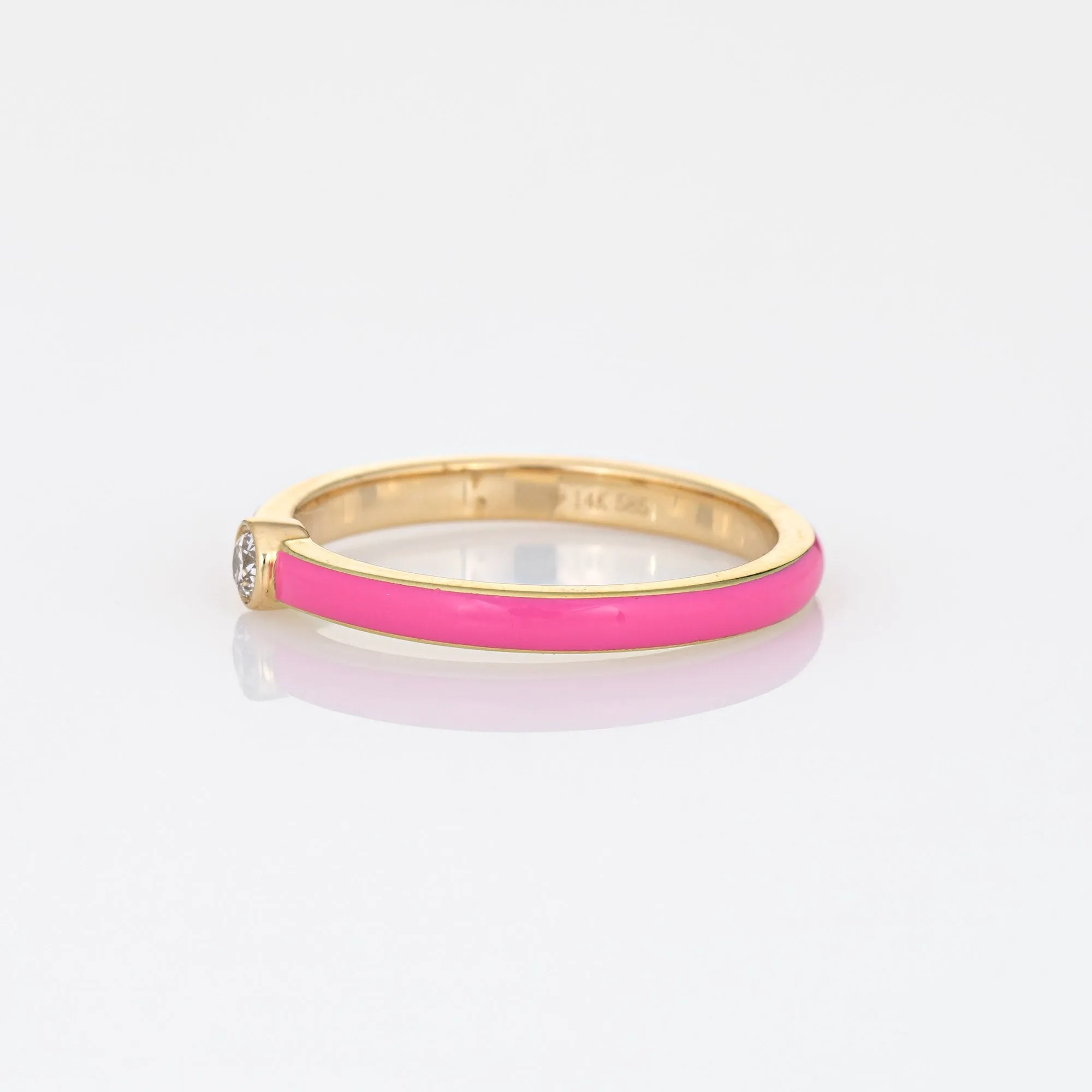 Pink Enamel Diamond Ring Sz 6.5 14k Yellow Gold Stacking Band Fine Jewelry