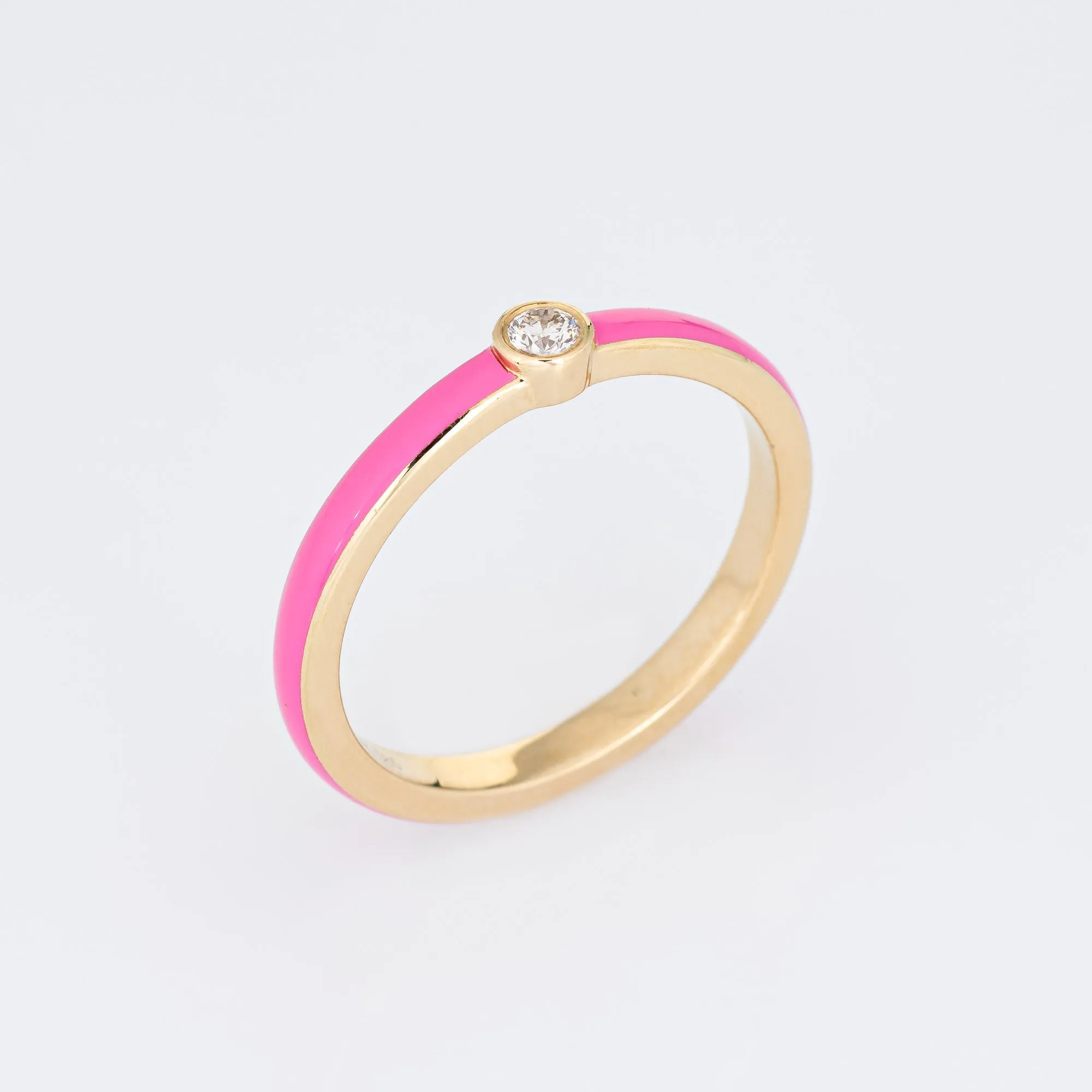 Pink Enamel Diamond Ring Sz 6.5 14k Yellow Gold Stacking Band Fine Jewelry