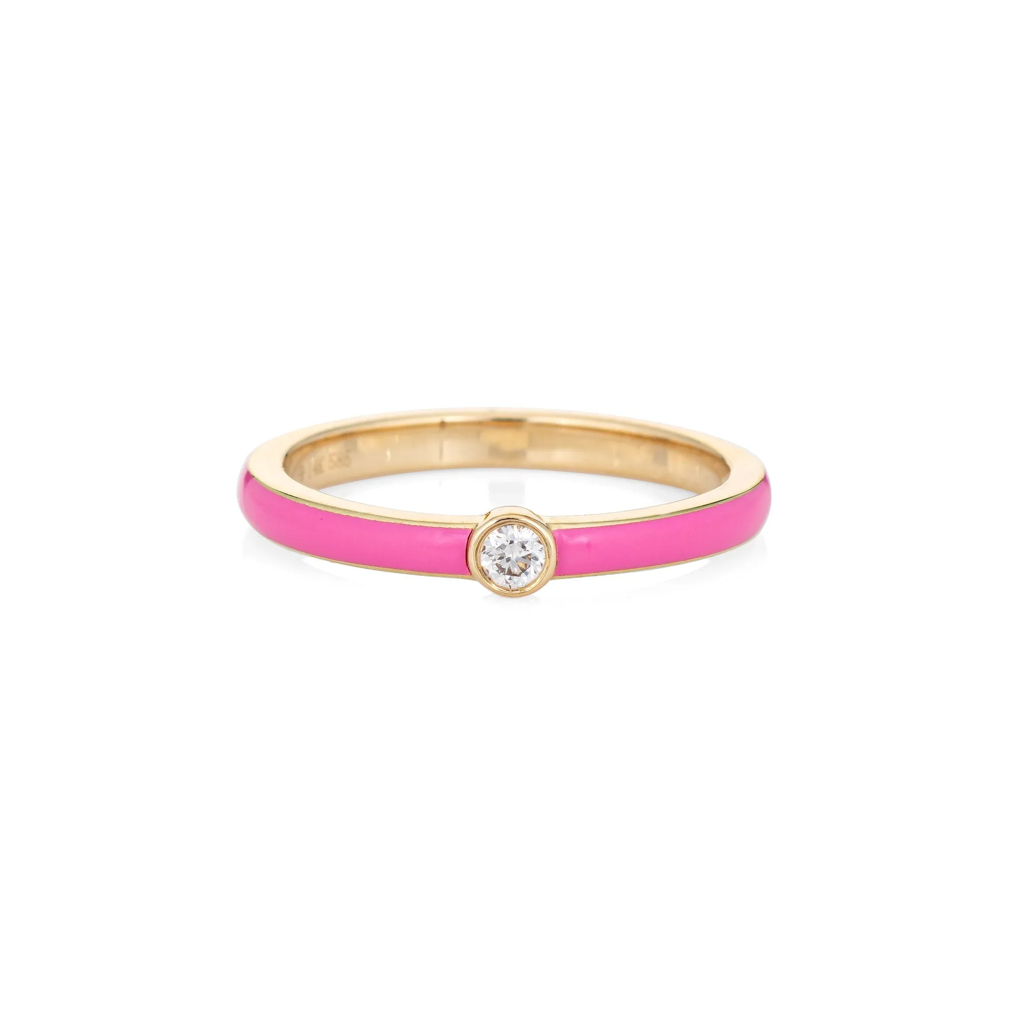 Pink Enamel Diamond Ring Sz 6.5 14k Yellow Gold Stacking Band Fine Jewelry