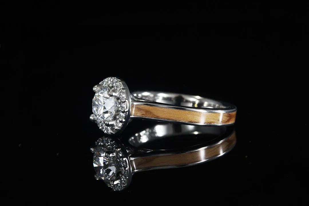 PLATINUM BETHLEHEM OLIVE WOOD DIAMOND HALO RING