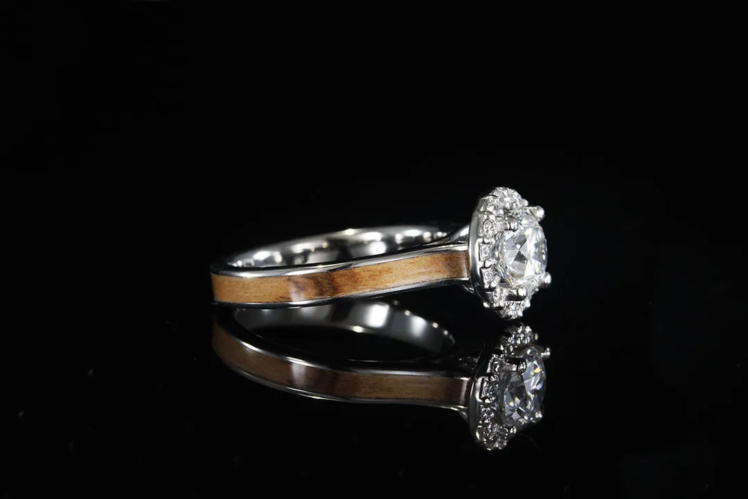 PLATINUM BETHLEHEM OLIVE WOOD DIAMOND HALO RING