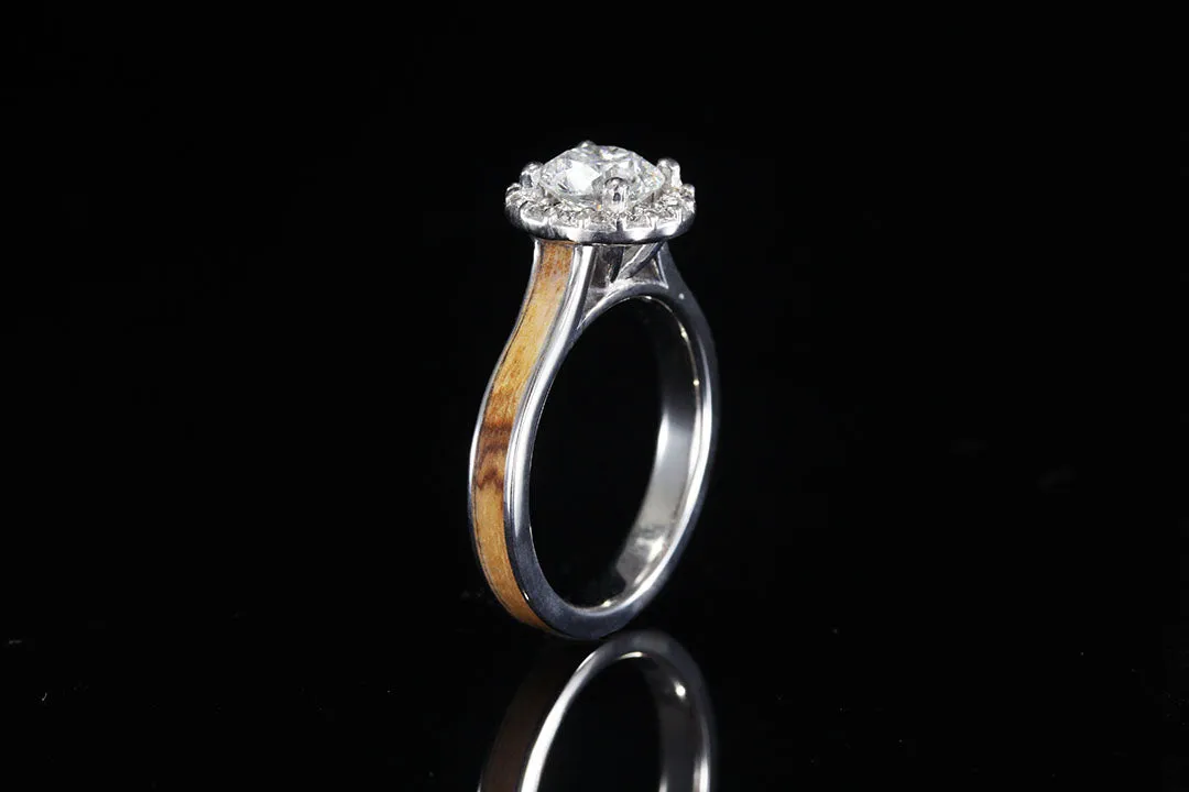 PLATINUM BETHLEHEM OLIVE WOOD DIAMOND HALO RING