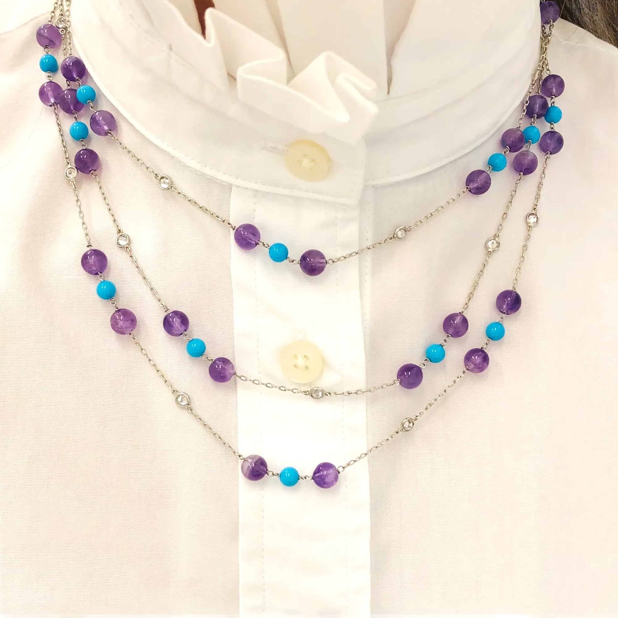 Platinum Station Necklace with Amethyst Turquoise and Diamonds