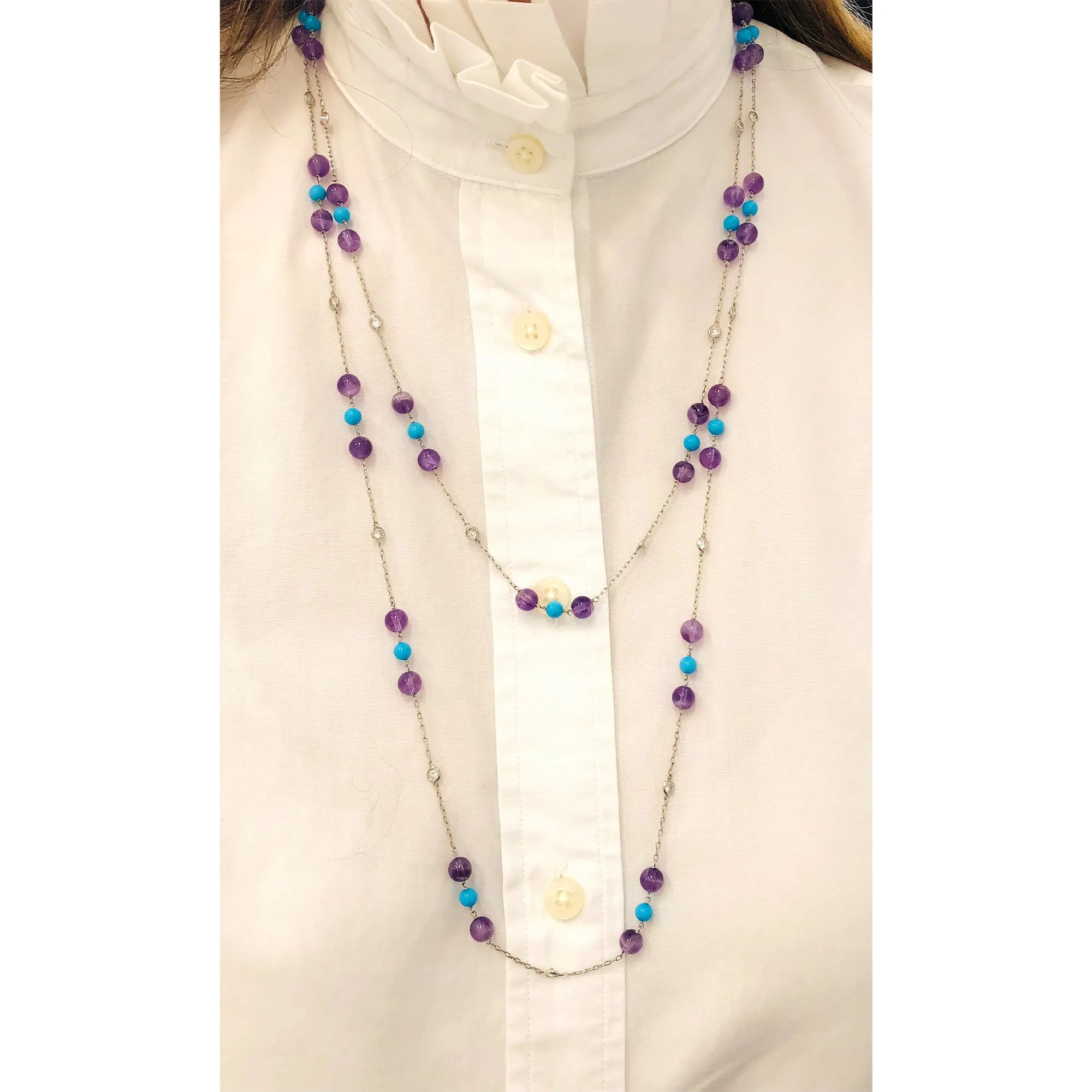 Platinum Station Necklace with Amethyst Turquoise and Diamonds
