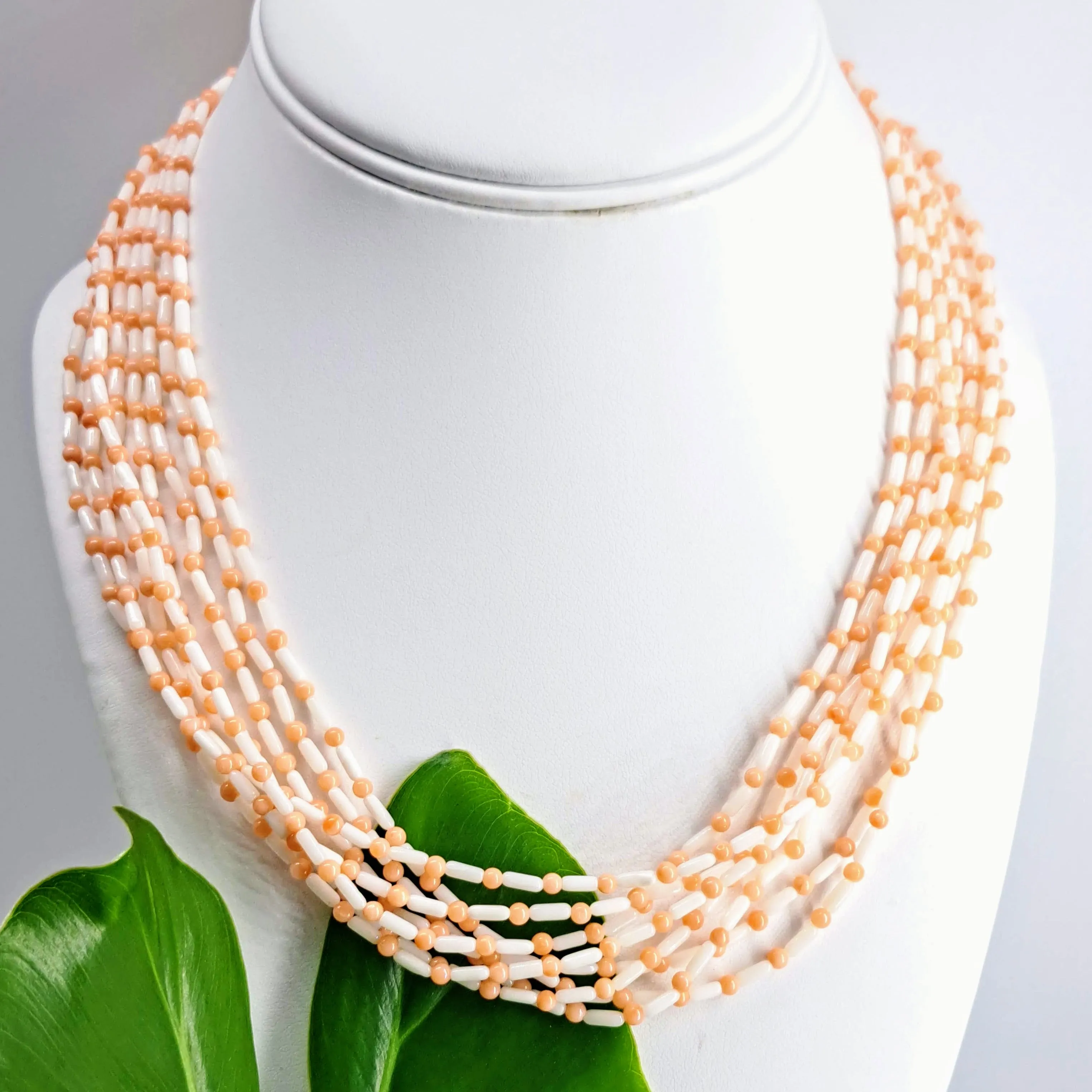 "Angel Gets Her Rings" 18" Necklace/Ring (Sz 7) Set - Ethical Angel Skin Coral, Diamonds, Black Sterling