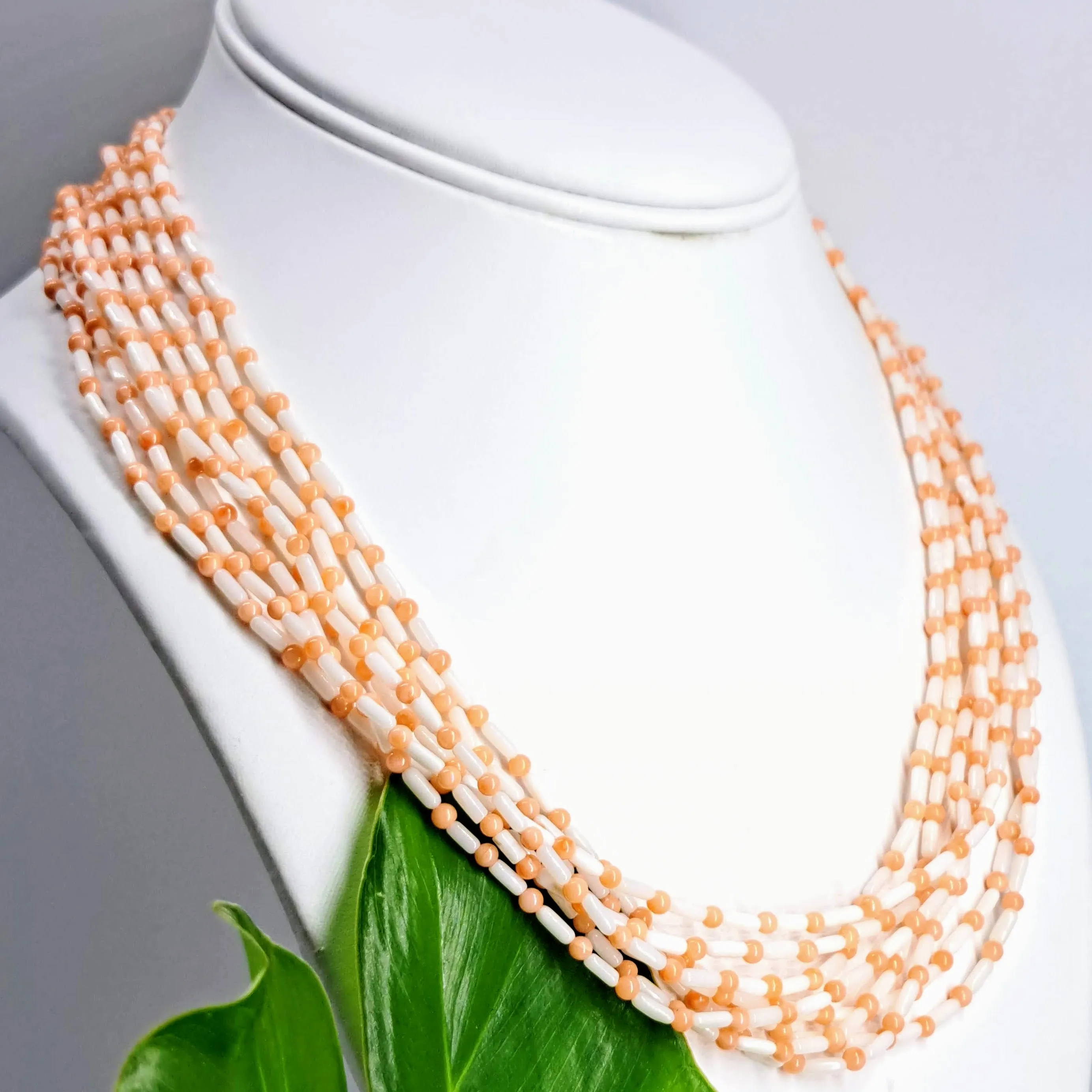 "Angel Gets Her Rings" 18" Necklace/Ring (Sz 7) Set - Ethical Angel Skin Coral, Diamonds, Black Sterling
