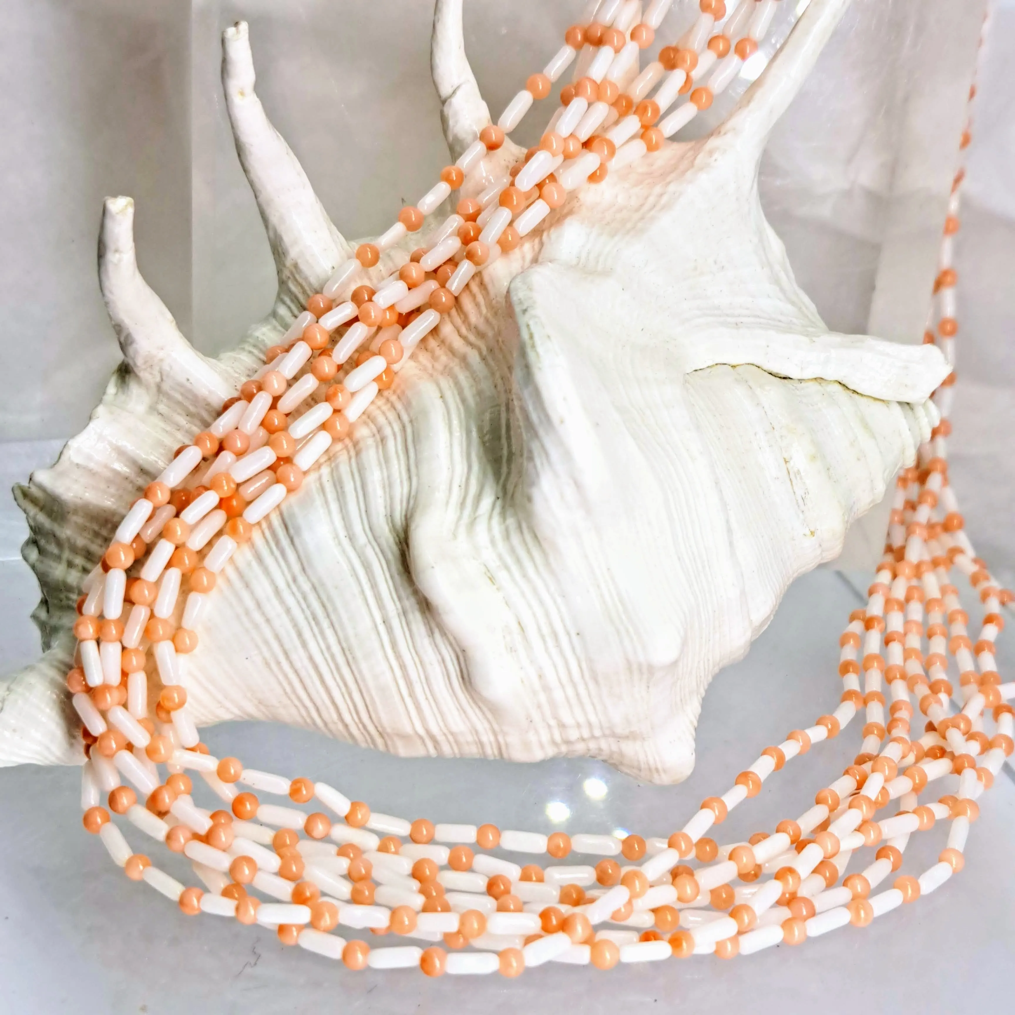 "Angel Gets Her Rings" 18" Necklace/Ring (Sz 7) Set - Ethical Angel Skin Coral, Diamonds, Black Sterling
