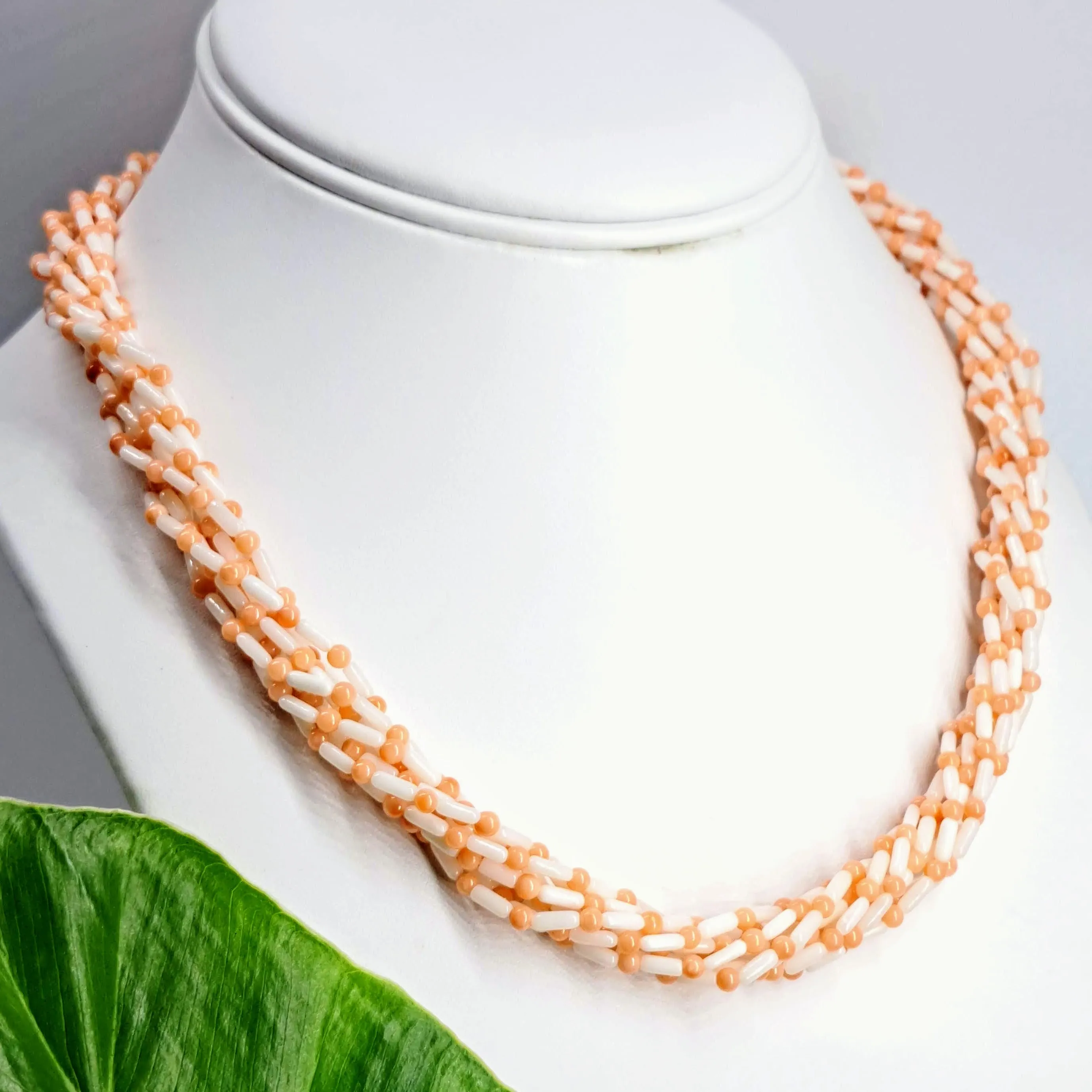 "Angel Gets Her Rings" 18" Necklace/Ring (Sz 7) Set - Ethical Angel Skin Coral, Diamonds, Black Sterling