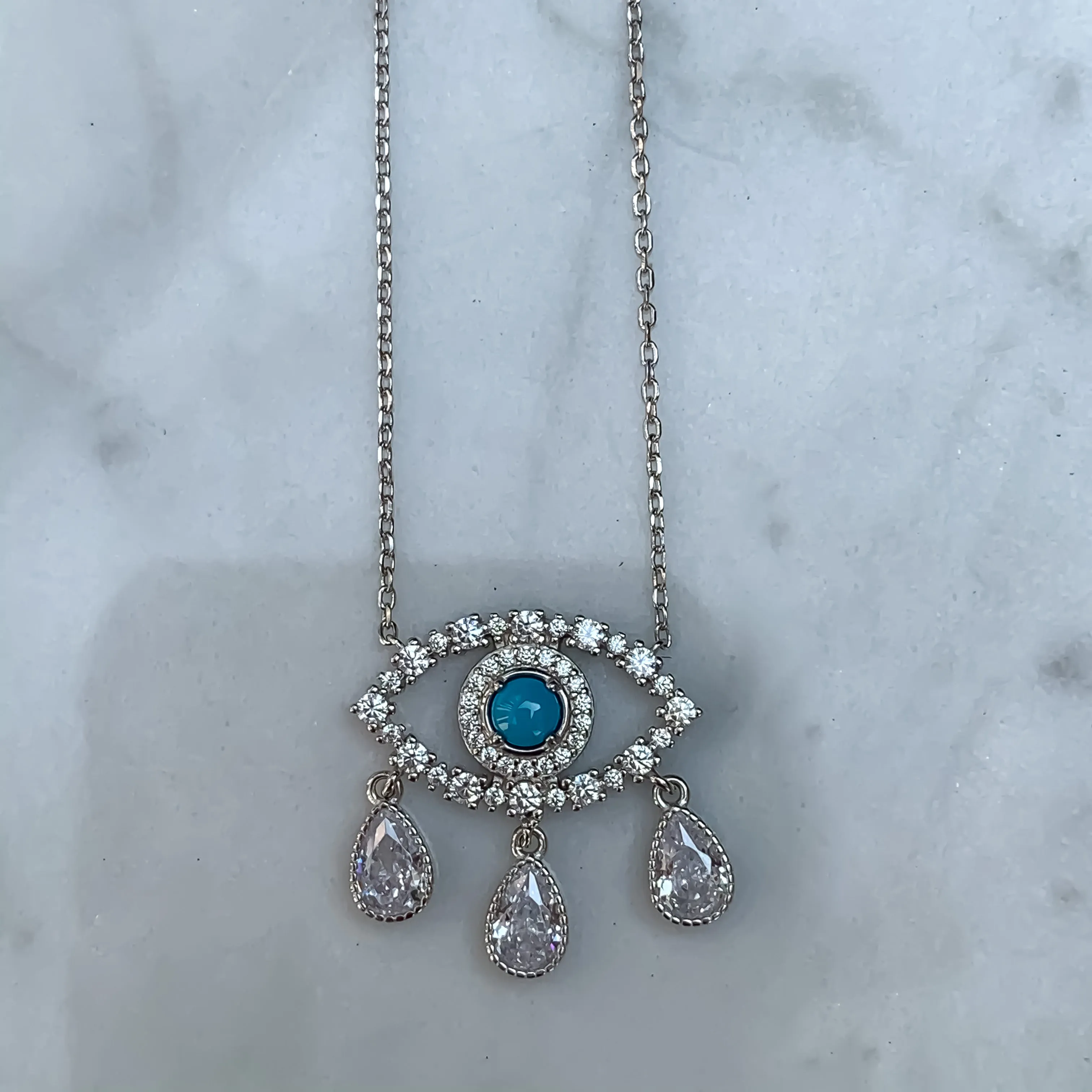"Diamond Tears" Sterling silver eye necklace