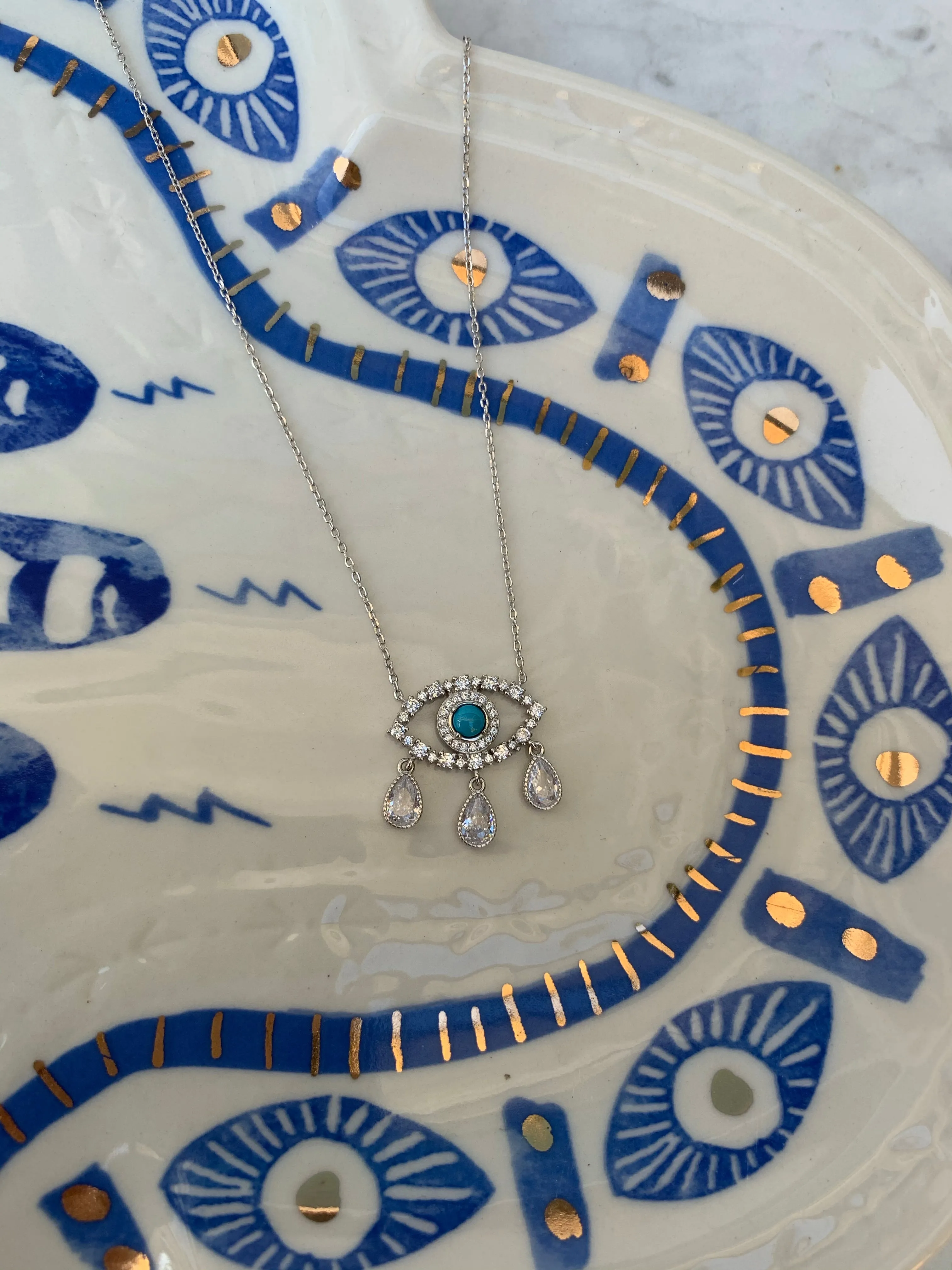 "Diamond Tears" Sterling silver eye necklace