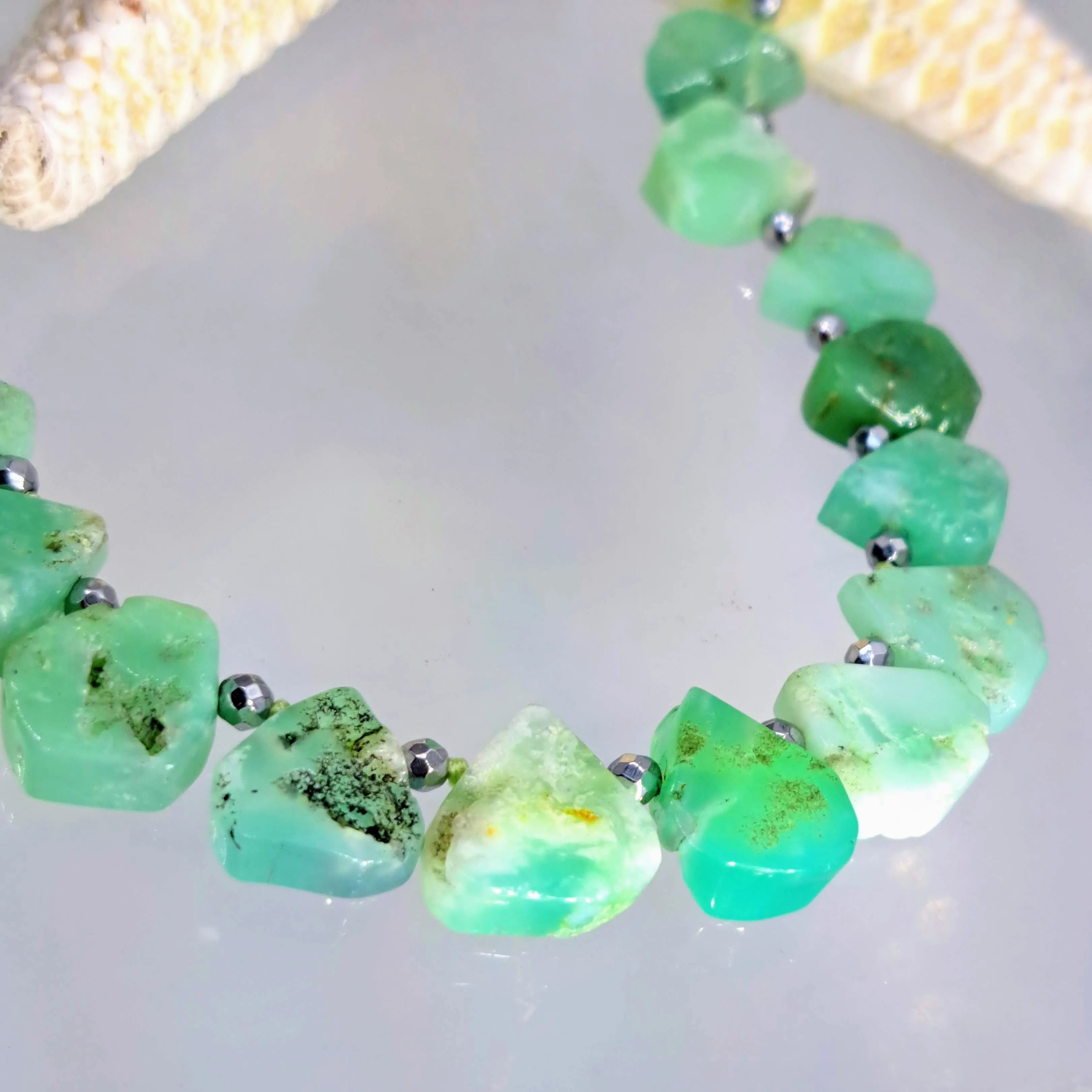 "Fresh Spring Greens" 16"-18" Necklace - Chrysoprase, Hematite, Sterling