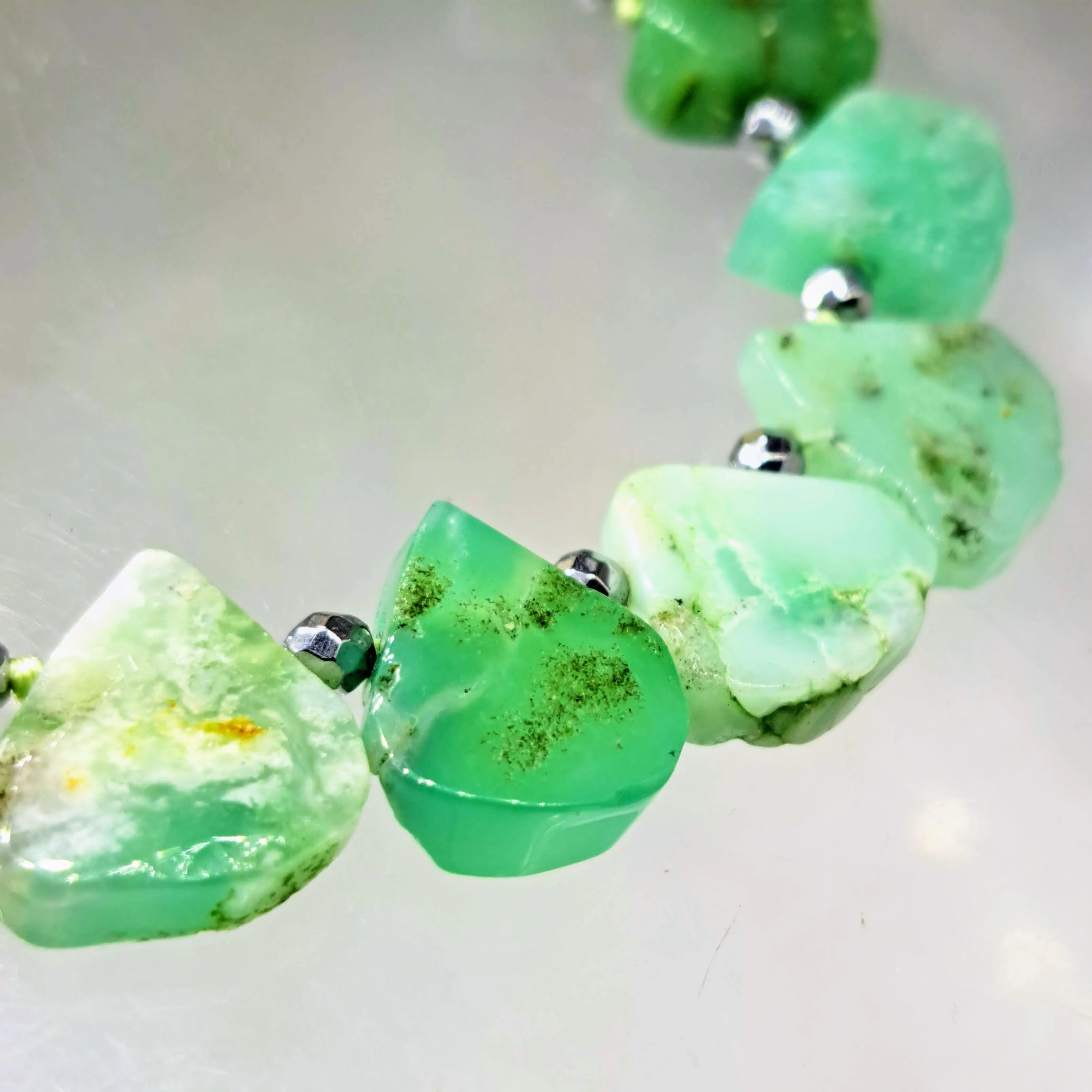 "Fresh Spring Greens" 16"-18" Necklace - Chrysoprase, Hematite, Sterling