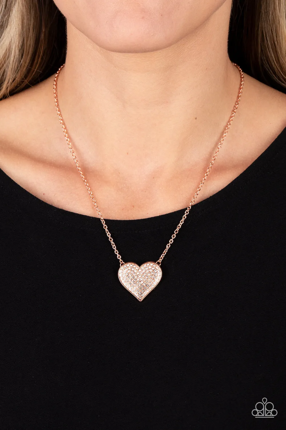 "Spellbinding Sweetheart" Copper Metal & White Rhinestone Heart Necklace Set