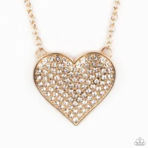 "Spellbinding Sweetheart" Gold Metal & White Rhinestone Heart Necklace Set