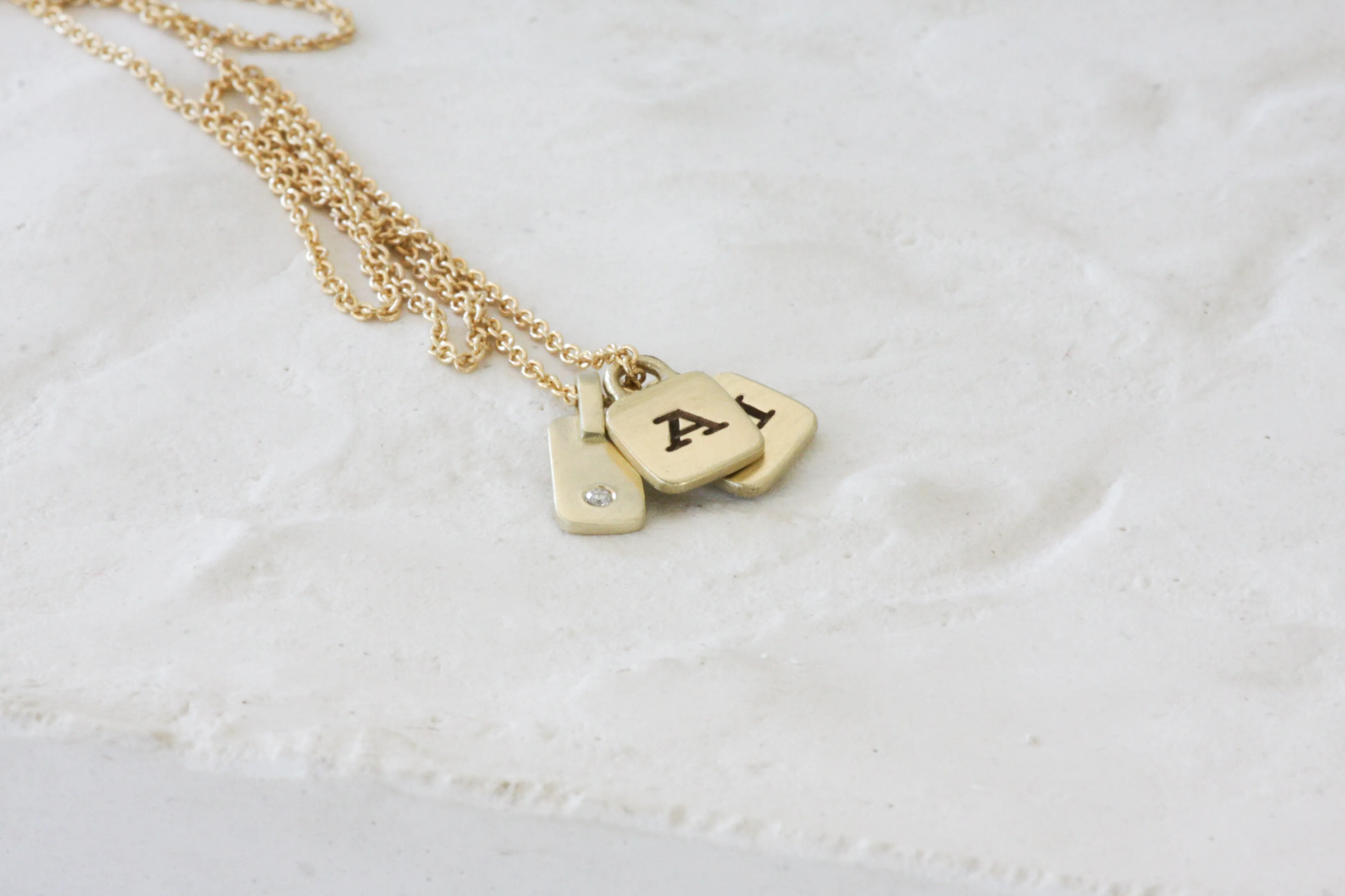 "Tamar" Pendant - Solid Gold 3 Charms 2 Initials 1 Diamond