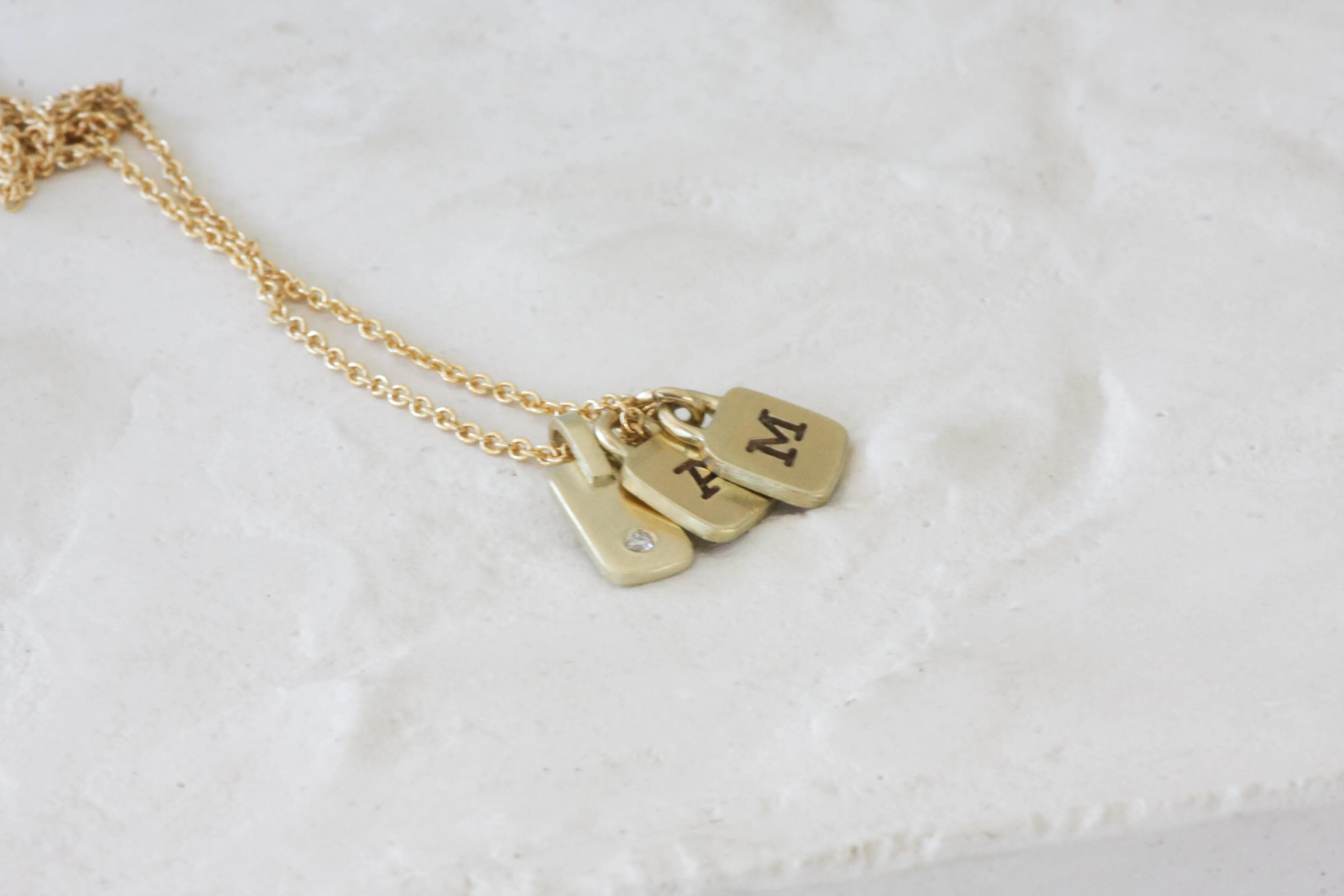 "Tamar" Pendant - Solid Gold 3 Charms 2 Initials 1 Diamond