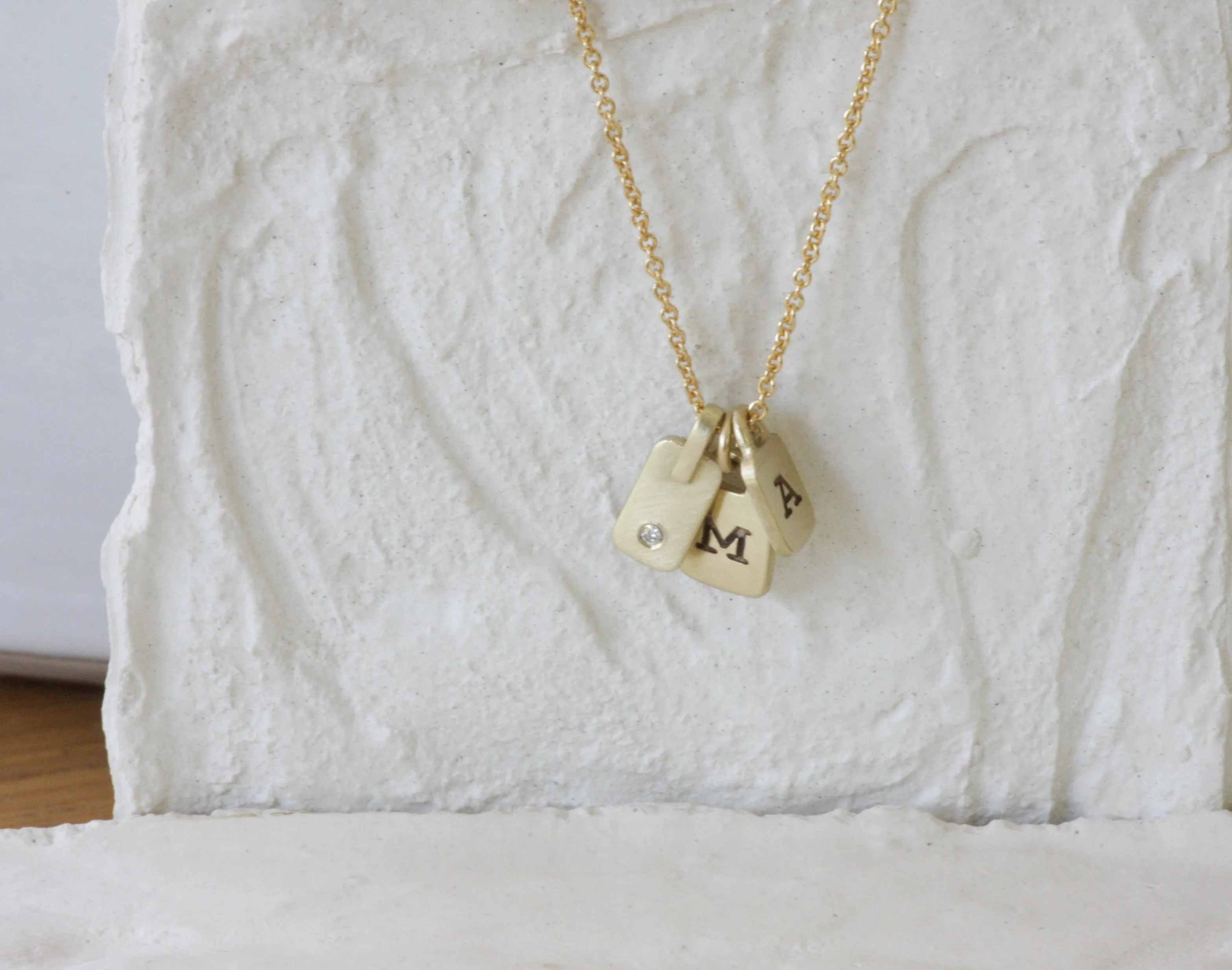 "Tamar" Pendant - Solid Gold 3 Charms 2 Initials 1 Diamond