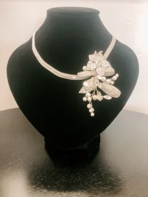 Rhinestone, Pearl, and Mesh Necklace