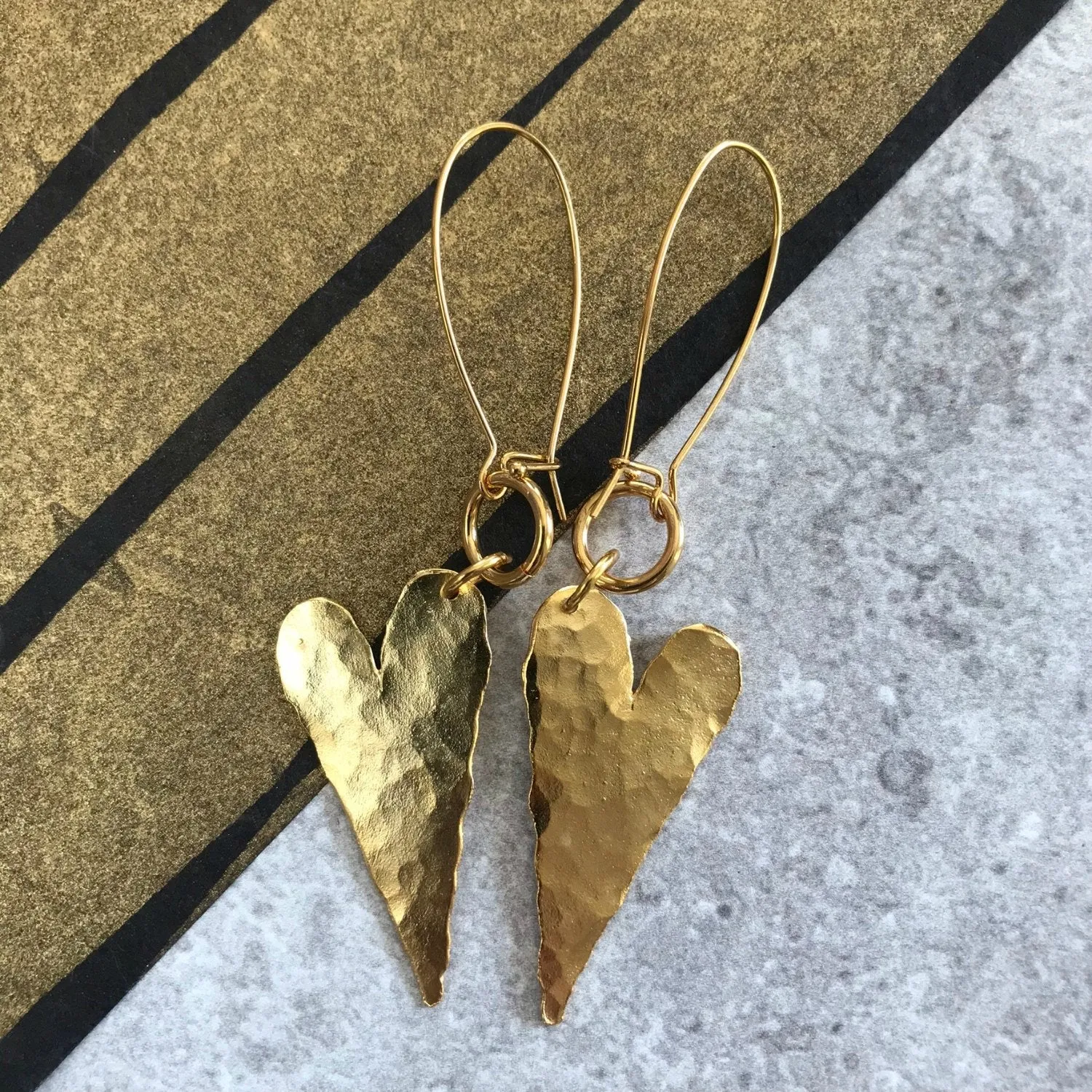 Riley -  Delicate 24K gold heart hammered dangle earrings