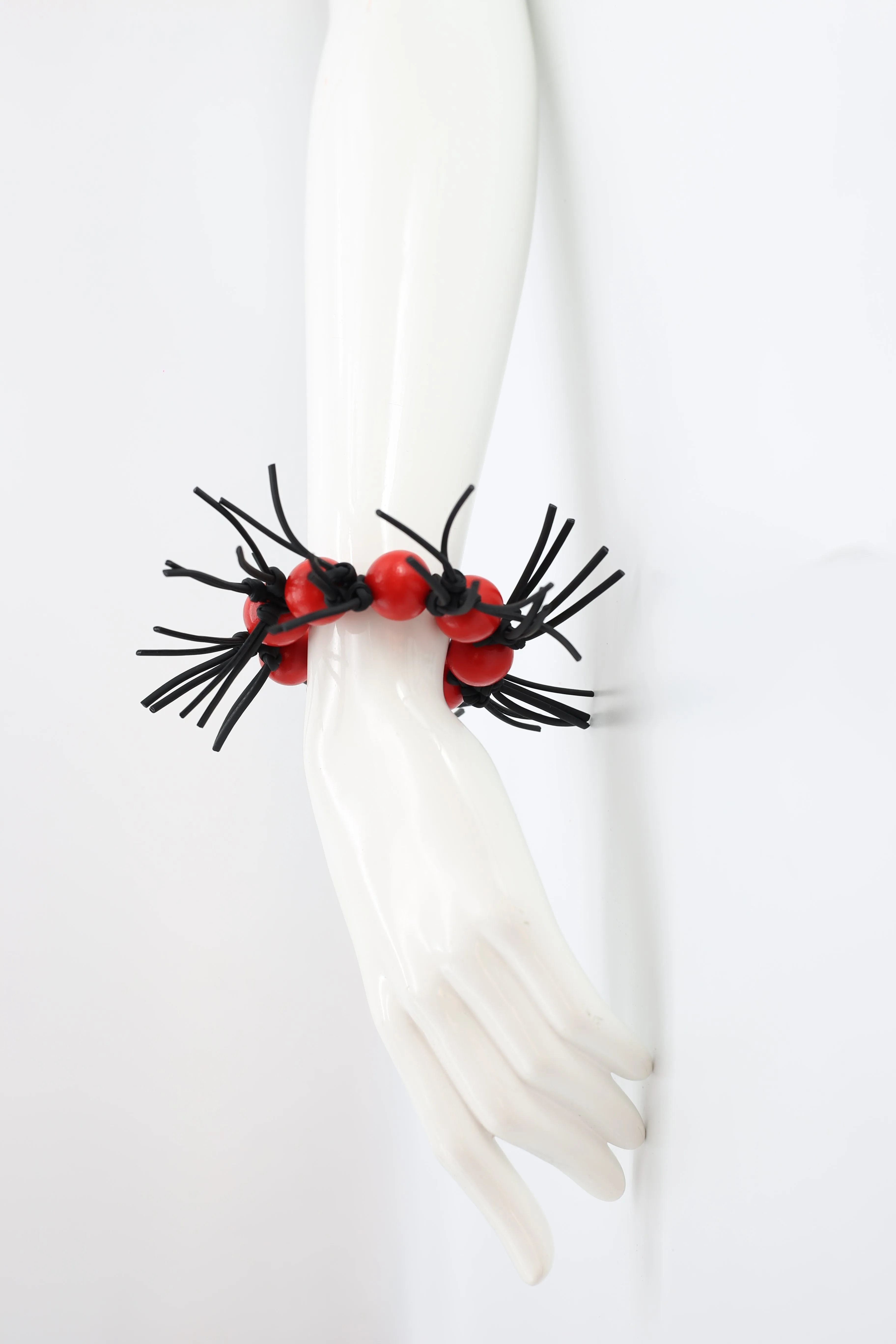 Round Beads and Leatherette Spikes Bracelet