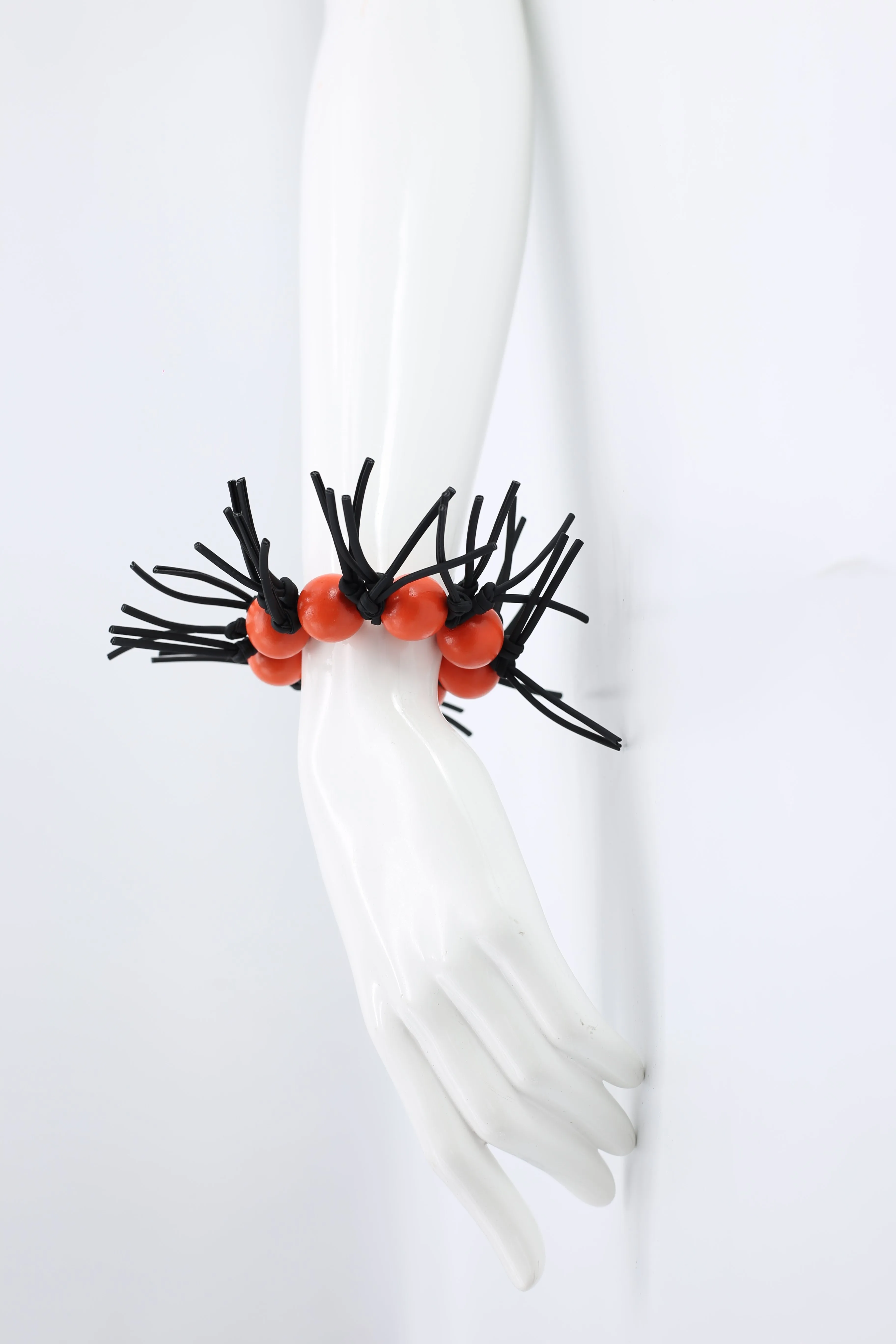 Round Beads and Leatherette Spikes Bracelet