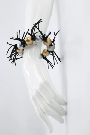Round Beads and Leatherette Spikes Bracelet