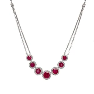 Round Ruby & Diamond Halo Chain Necklace in White Gold