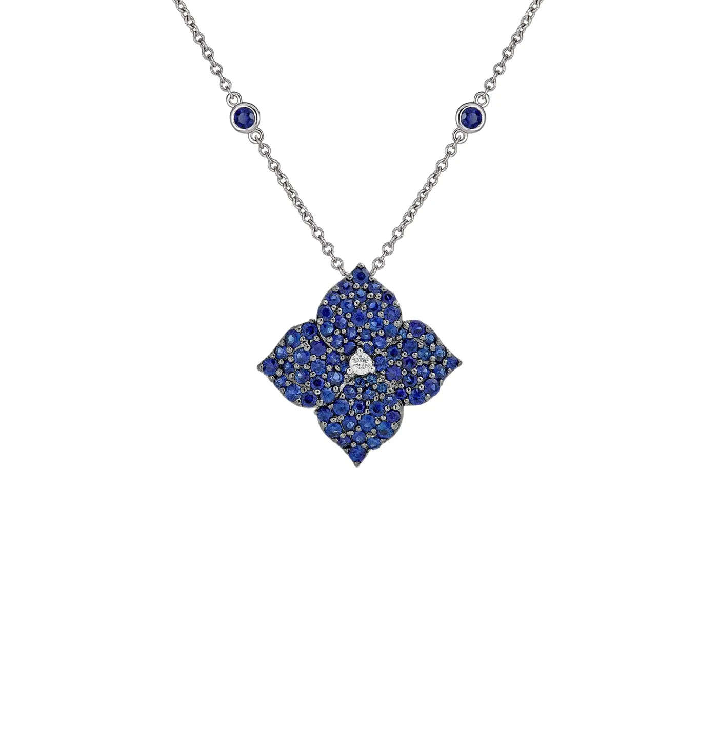 Sabel Collection White Gold Blue Sapphire and Diamond Flower Necklace
