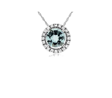 Sabel Collection White Gold Round Aquamarine and Diamond Halo Necklace