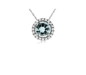 Sabel Collection White Gold Round Aquamarine and Diamond Halo Necklace